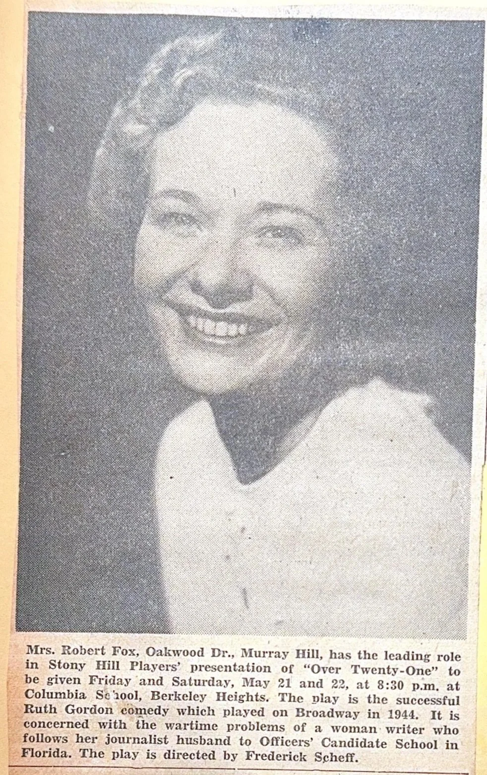 Black and white photograph of Mrs. Robert Fox with a curly hairstyle, smiling and wearing a light-colored top.