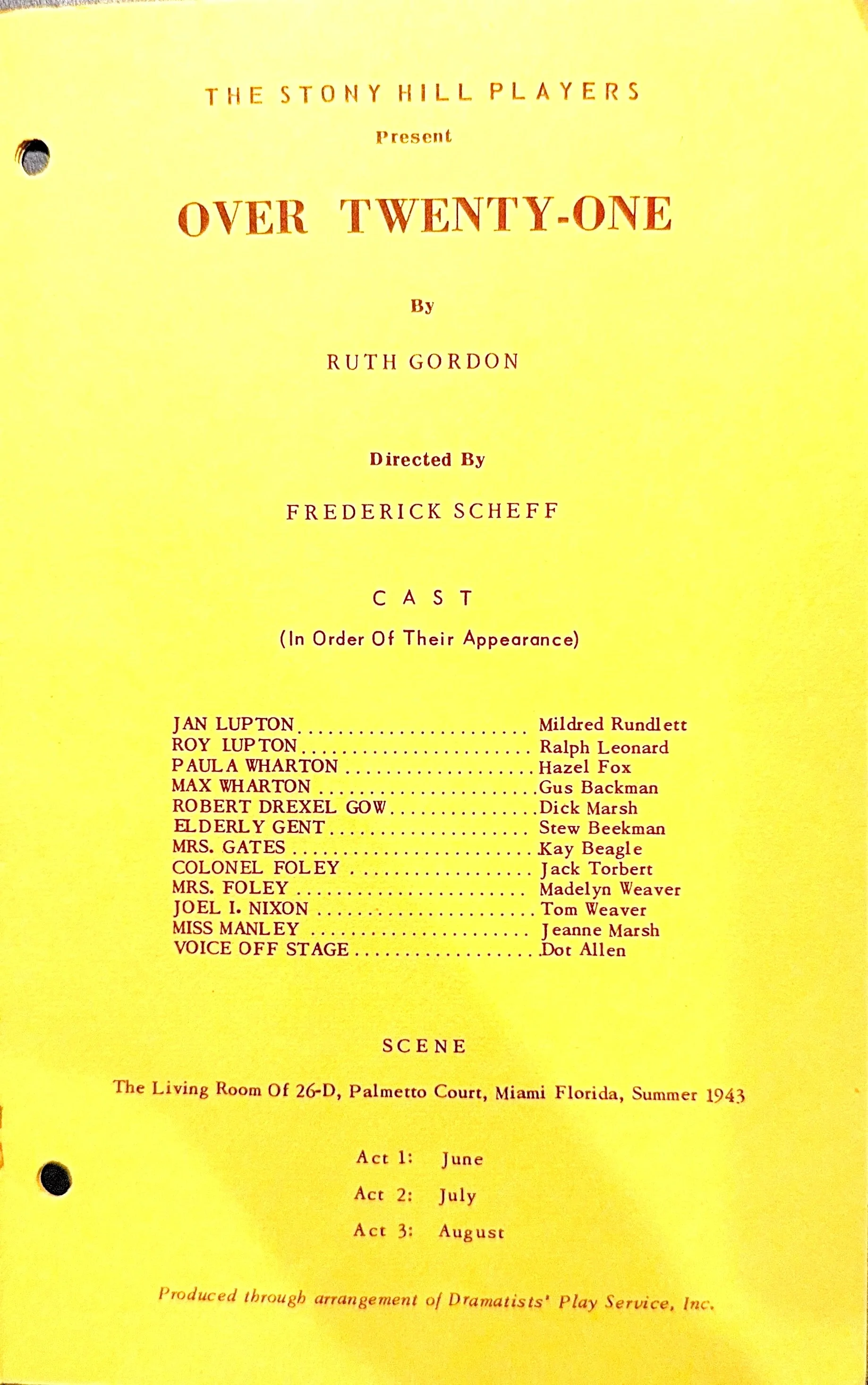 A yellow theater program for 'Over Twenty-One' by Ruth Gordon, presented by The Stony Hill Players, summer 1943, with cast list and scene details.