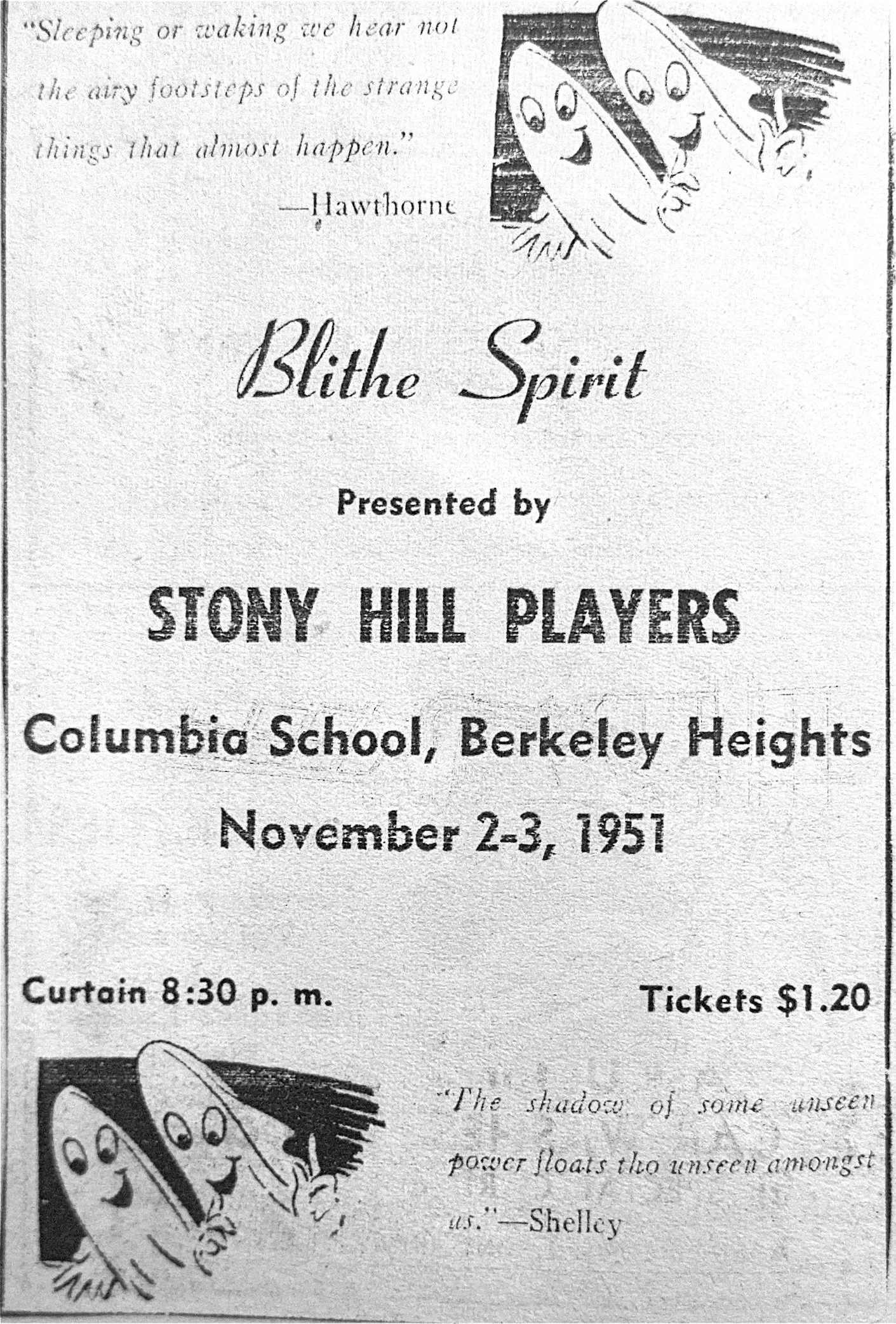 A vintage flyer for a theatrical event titled 'Blithe Spirit' presented by Stony Hill Players at Columbia School in Berkeley Heights, scheduled for November 2-3, 1951, with a curtain at 8:30 p.m., tickets costing $1.20. The flyer features a quote at 