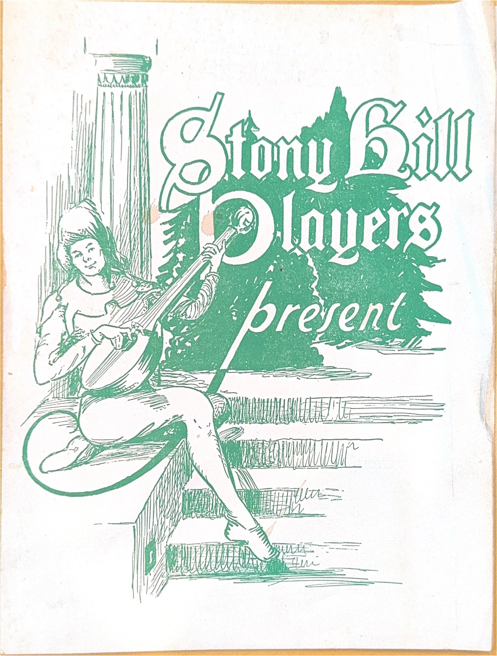 A line drawing of a girl sitting on steps, playing a guitar, with large trees and a structure in the background. The text reads 'Stony Hill Players'.