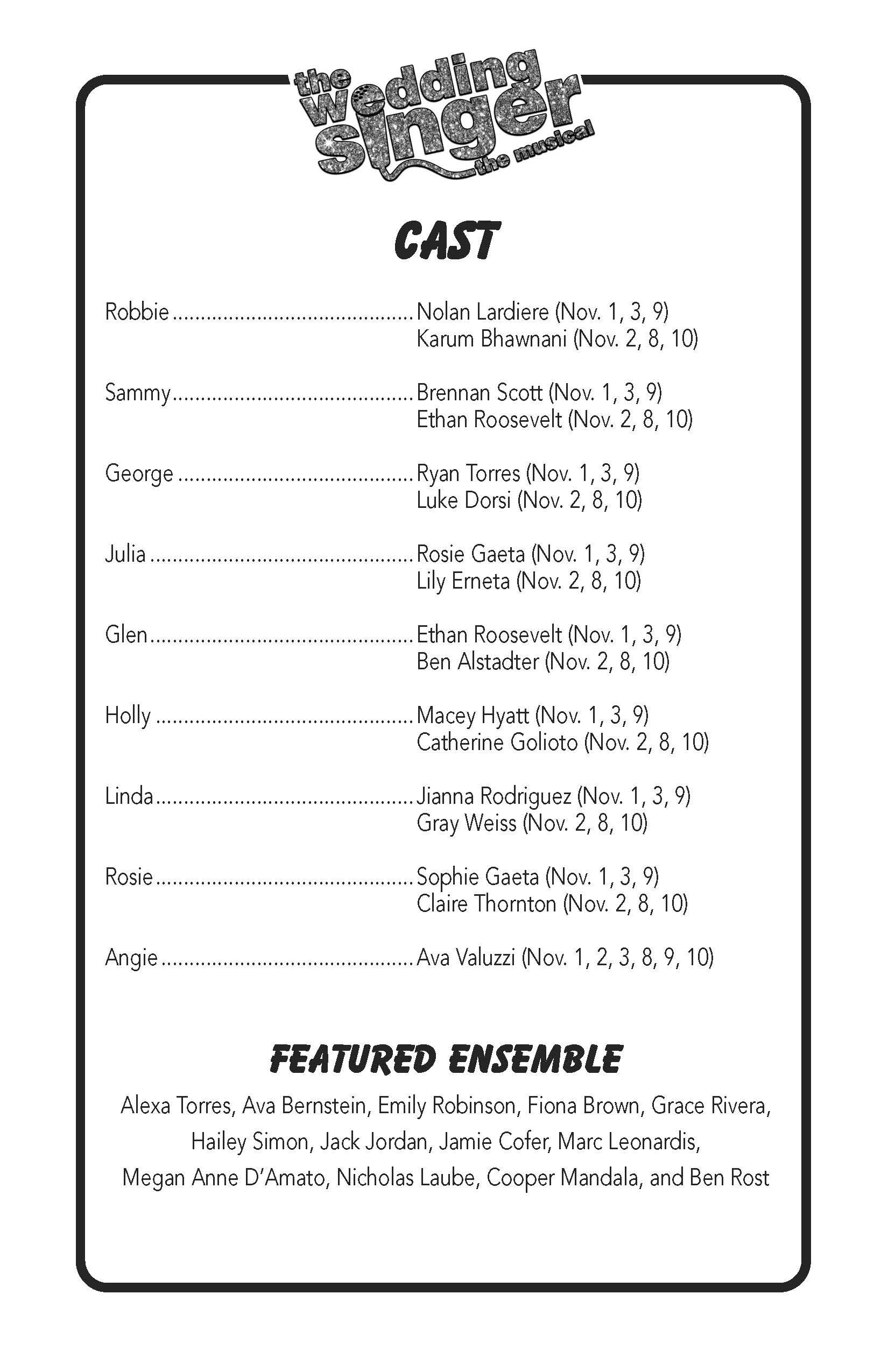 Cast list for the musical 'The Wedding Singer' featuring actor names with character names and performance dates, along with a list of featured ensemble members at the bottom.