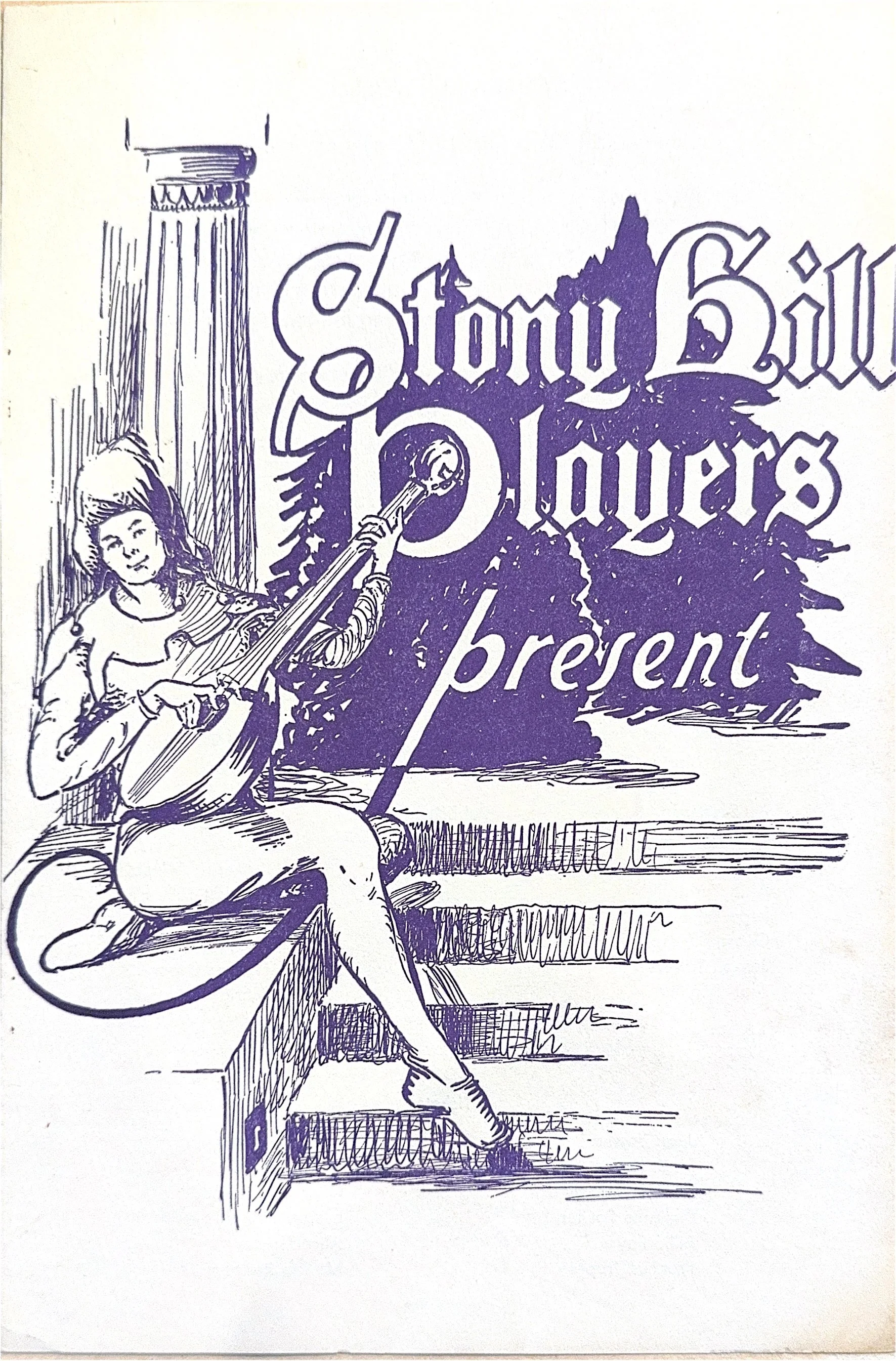 Hand-drawn illustration depicting a girl sitting on steps, playing a guitar, with text that reads "Stony Hill Players present" and a background of trees and a building column.