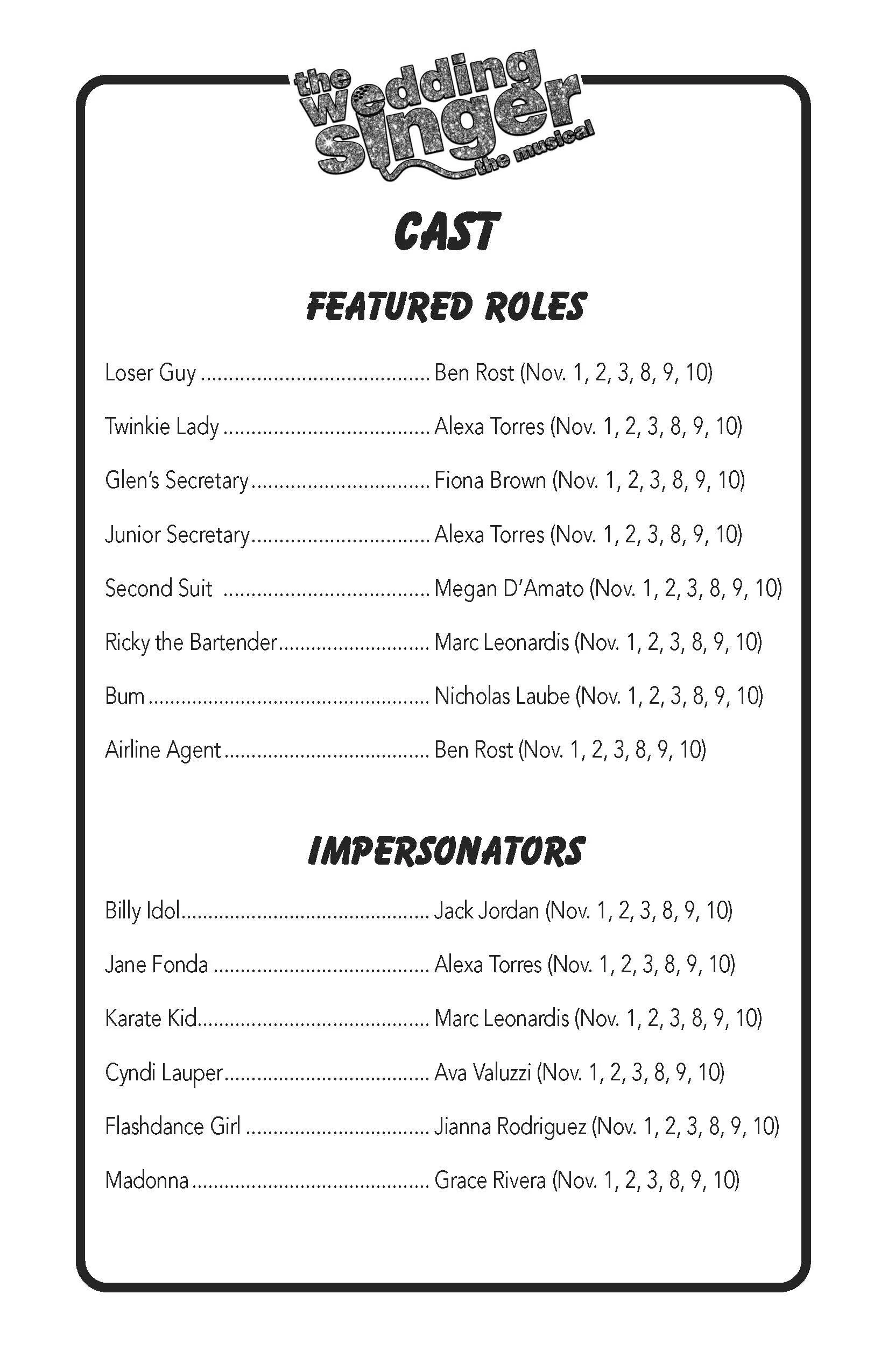 Cast and impersonators list for "The Wedding Singer" musical on a printable sheet with black text on white background.