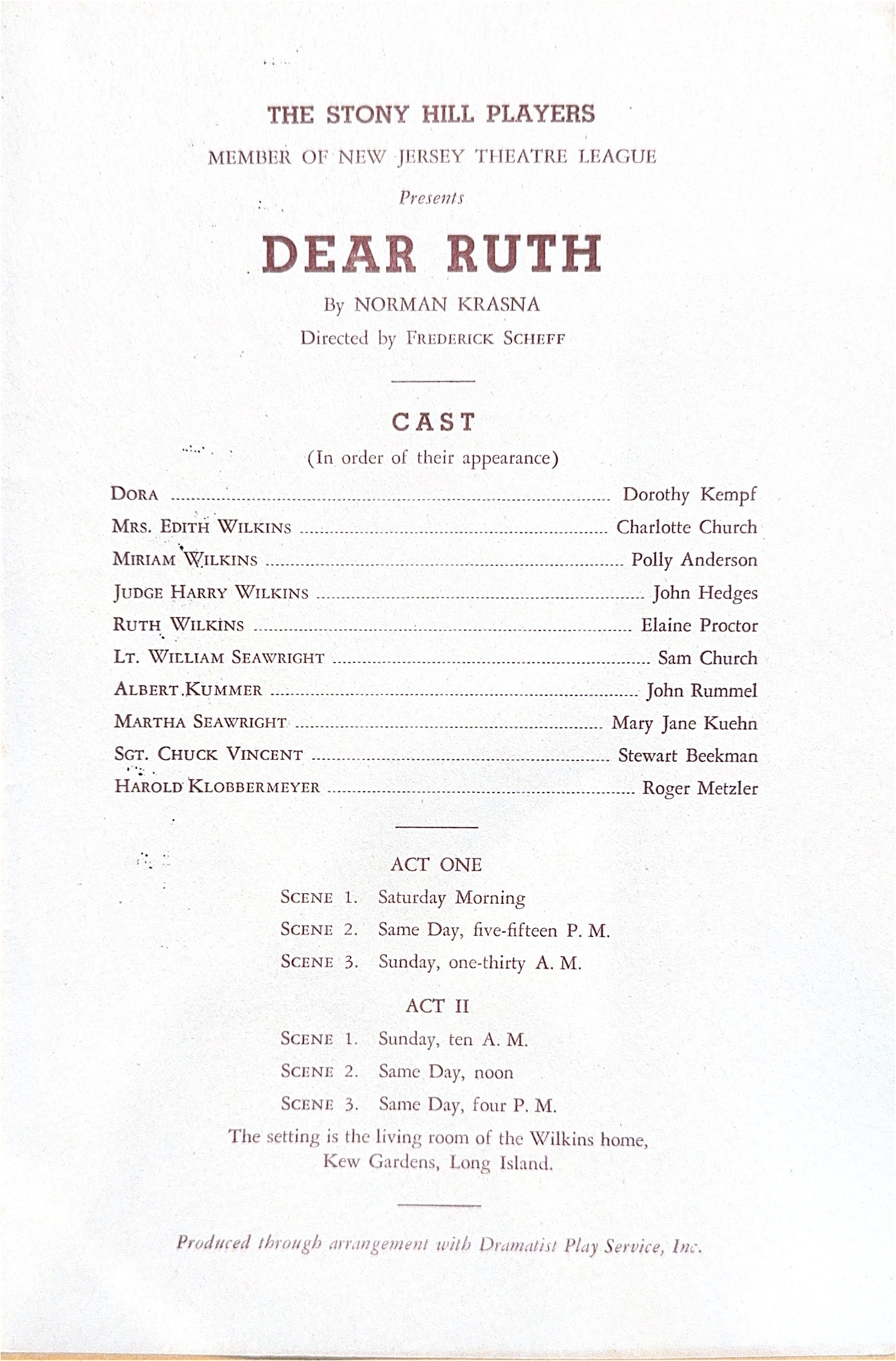 The playbill for 'Dear Ruth,' presented by The Stony Hill Players, featuring the cast list and scene descriptions, set in the Wilkins' living room on Long Island.
