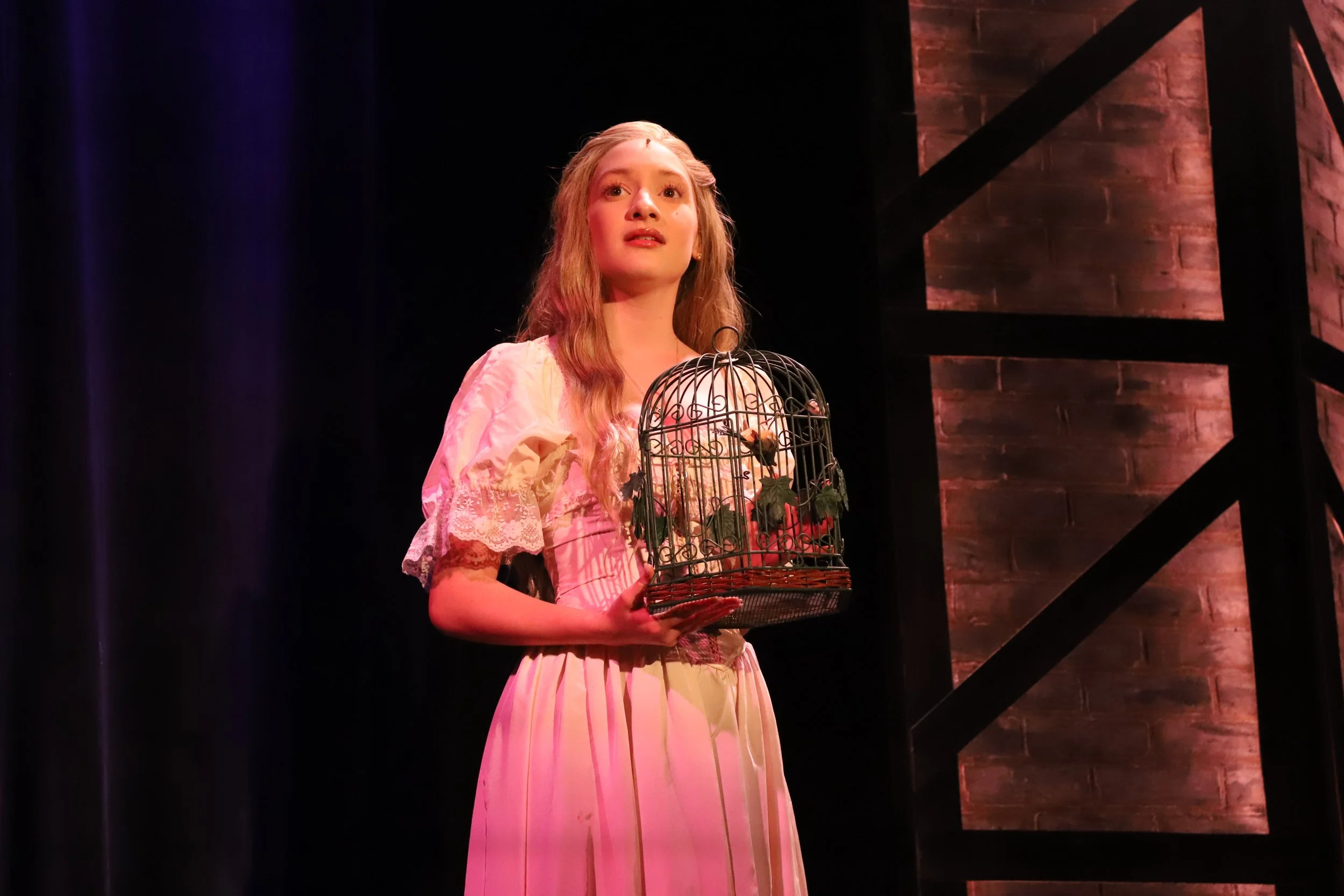 Young woman in vintage-style pink dress with lace sleeves, holding a birdcage containing a small bird, on a stage with wooden and dark curtains.