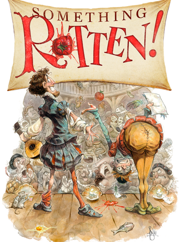 Cartoon scene of a classroom with a teacher playing guitar and a student with a large rear end bowing on stage with an audience of exaggerated, humorous characters.