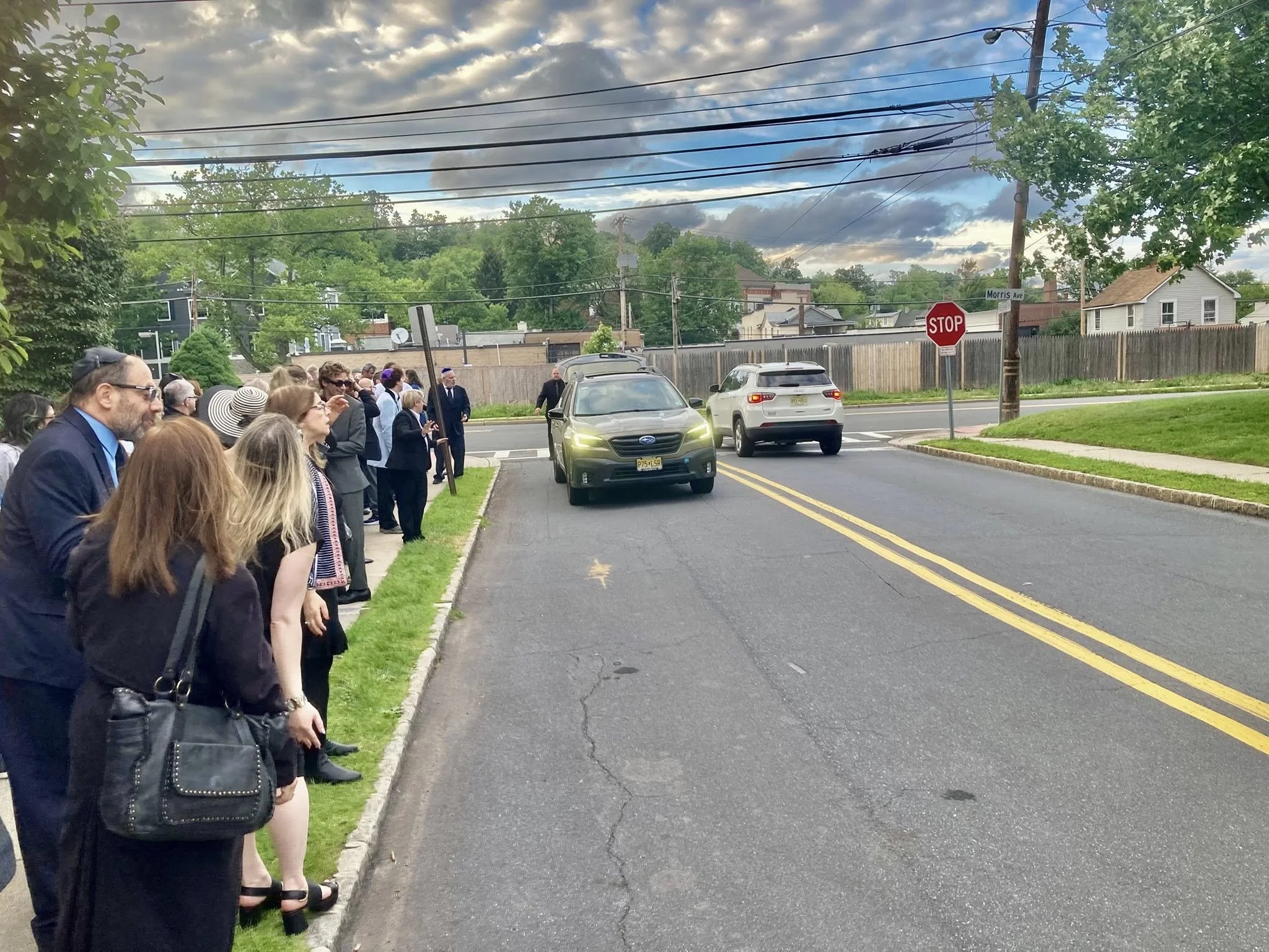A line of people dressed formally standing on the sidewalk next to a street, watching a car driving by. The atmosphere appears somber, possibly at a funeral or memorial service. The sky is partly cloudy. Scene from Grandma Sylvia's Funeral.