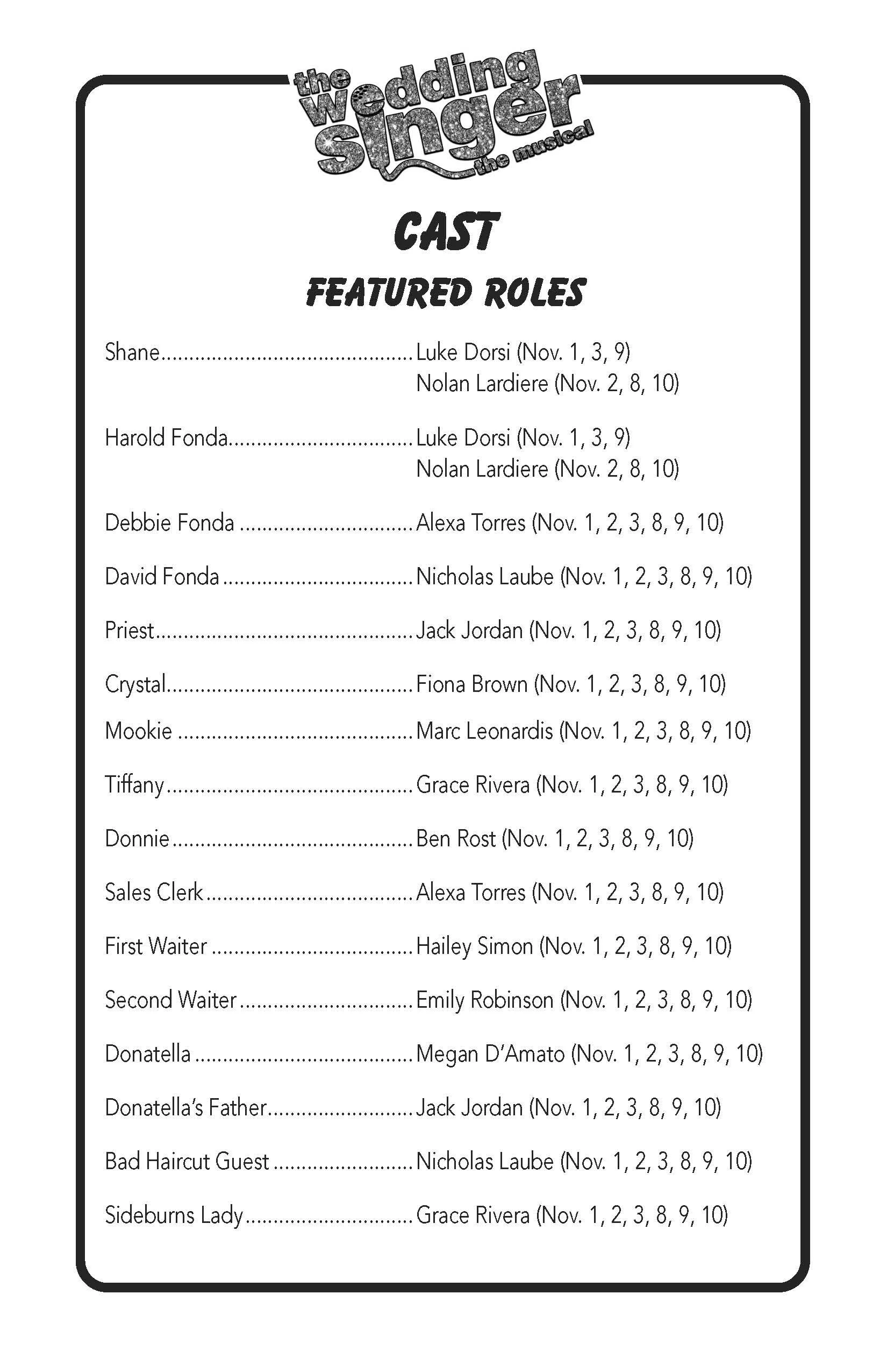 Cast list for the musical 'The Wedding Singer' featuring roles and actors' names with show dates.