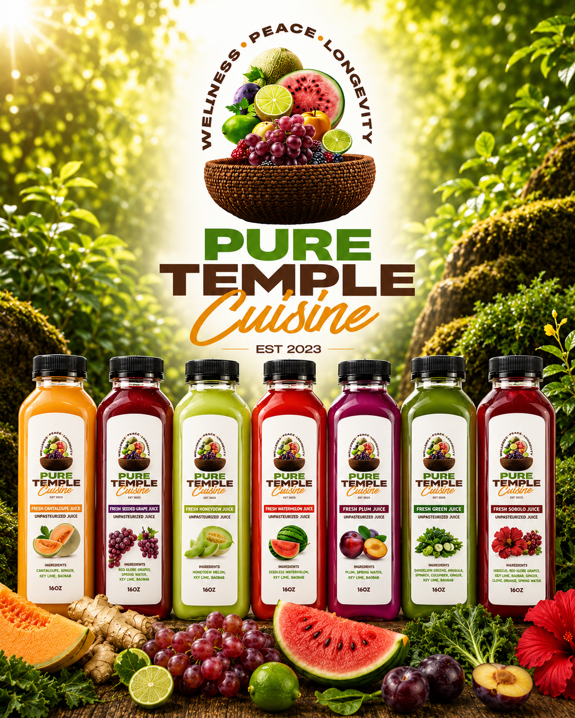 A colorful advertisement for Pure Temple Cuisine featuring bottles of fruit juices with various fruits displayed in front, set against a lush green forest background with sunlight filtering through the trees. The text includes words like Wellness, Peace, Longevity, and mentions the company's establishment in 2023.