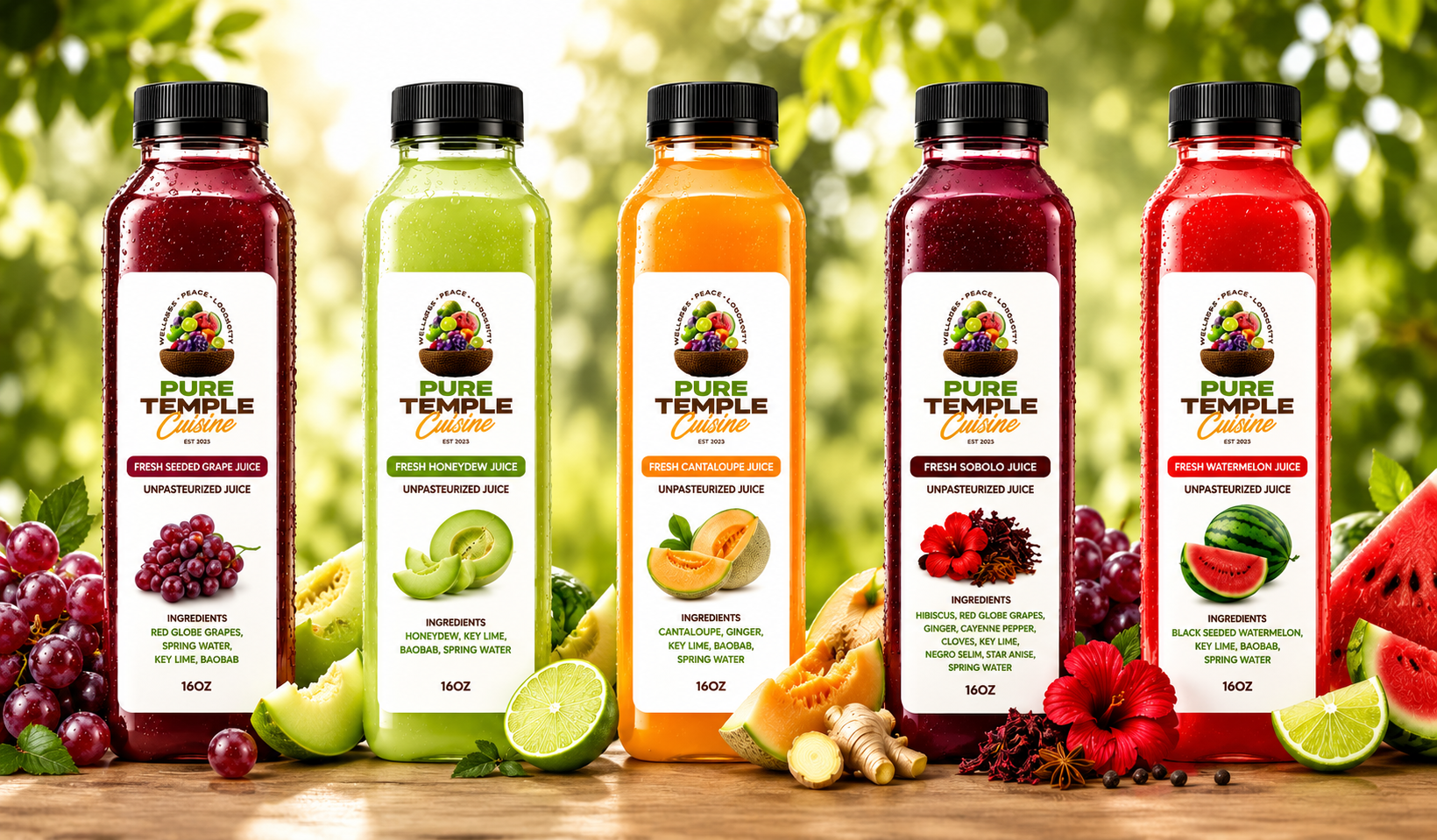 Five bottles of Pure Temple Cuisine juice in a row with fresh fruits and herbs around them outdoors, including grapes, honeydew melon, cantaloupe, watermelon, lemon, ginger, and lime