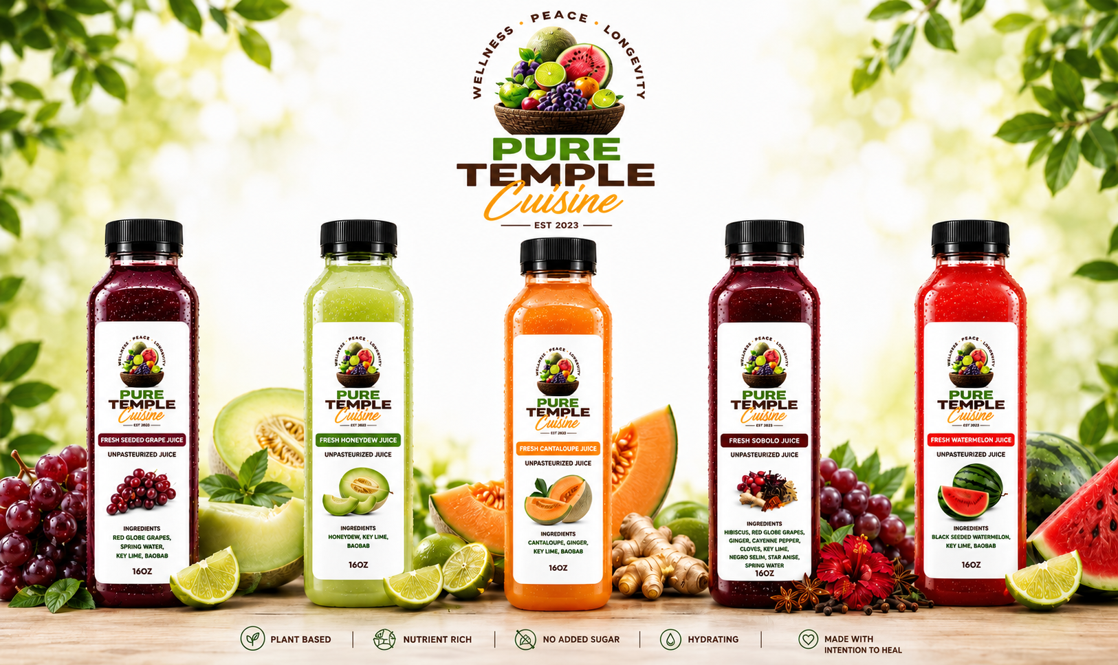 Display of five bottles of Pure Temple Cuisine juice with various fruits and ingredients around them, set against a green leafy background. Each bottle features a label with juice type and ingredients, including grape, honeydew, cantaloupe, sobolo, and watermelon. The top center logo shows a basket of assorted fruits with words like wellness, peace, and longevity. Icons at the bottom indicate plant-based, nutrient-rich, no added sugar, hydrating, and made with healing intent.