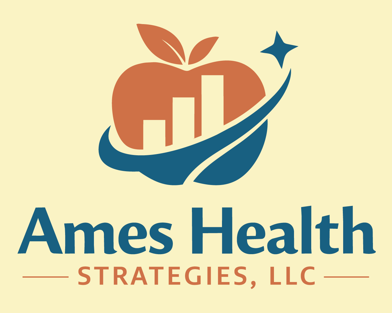 Ames Health Strategies, LLC logo: an orange apple with rising bars inside a teal swoosh