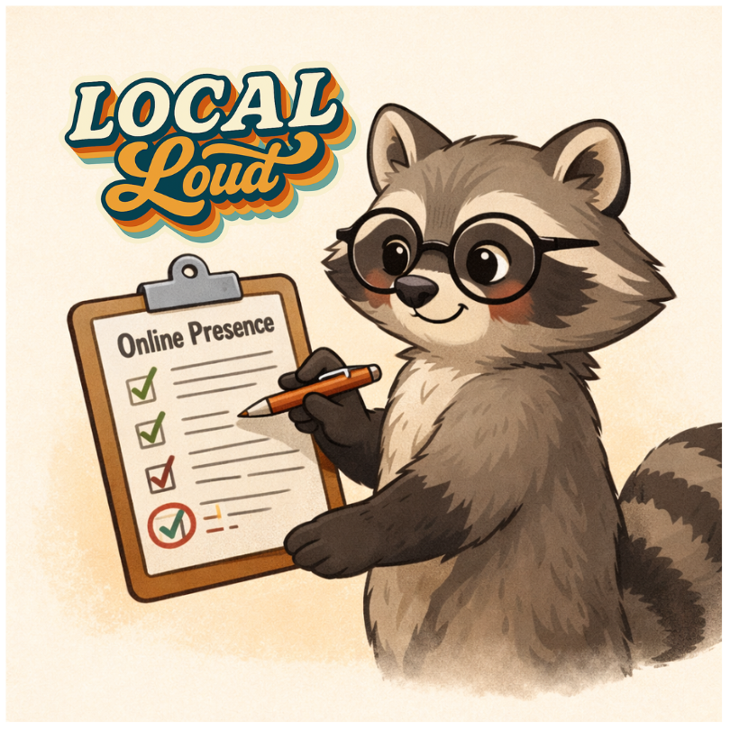 Racoon creating a checklist for his business online presence, image represents Local Loud Marketings stratagy for organizing your business online image