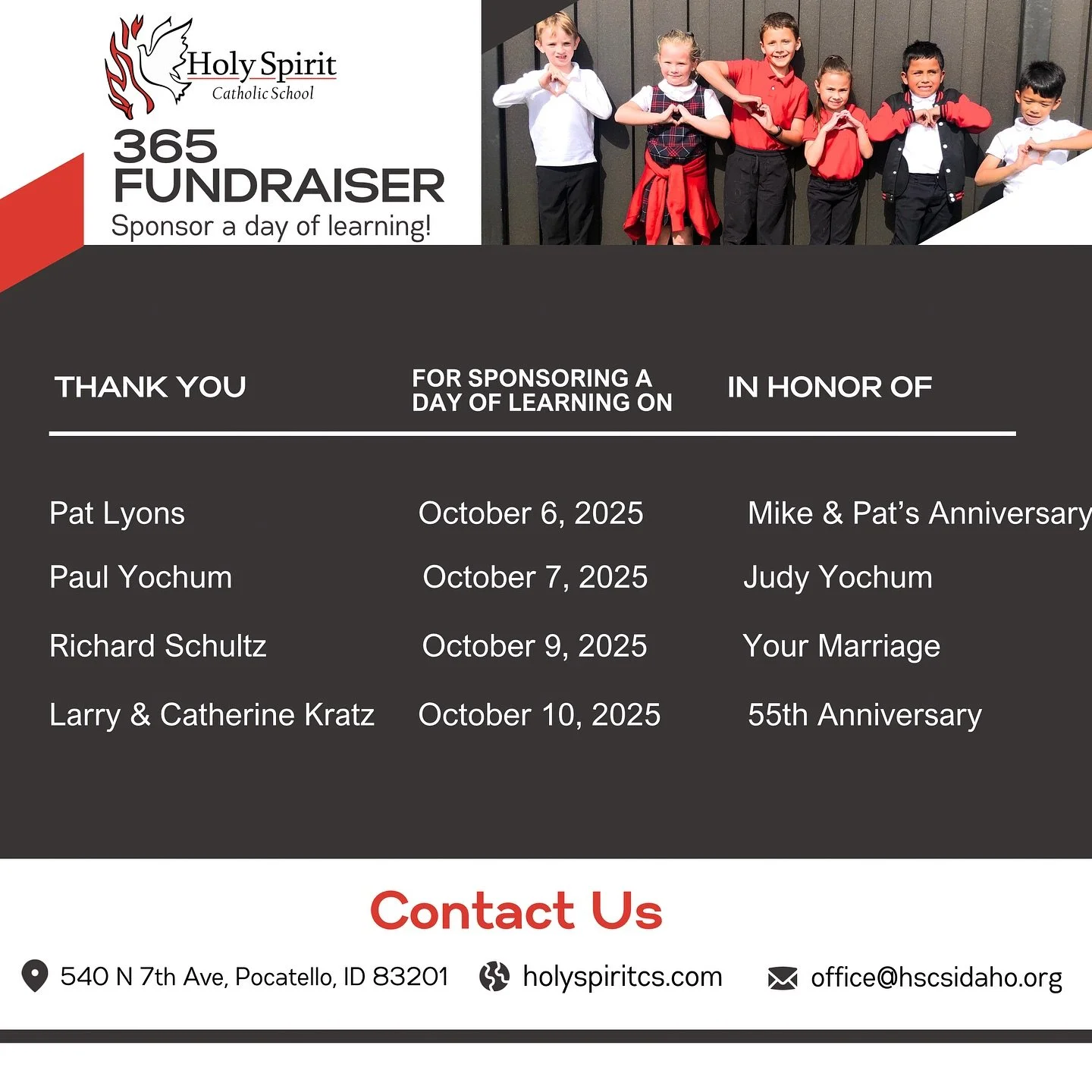 We would like to thank our 365 donors for sponsoring a day of learning at Holy Spirit Catholic School!

We are praying for you and your intentions 🙏🏻

&hellip;

We&rsquo;re on a mission to sponsor 365 DAYS OF LEARNING in 2026! 📚❤️ 
Each day you sp