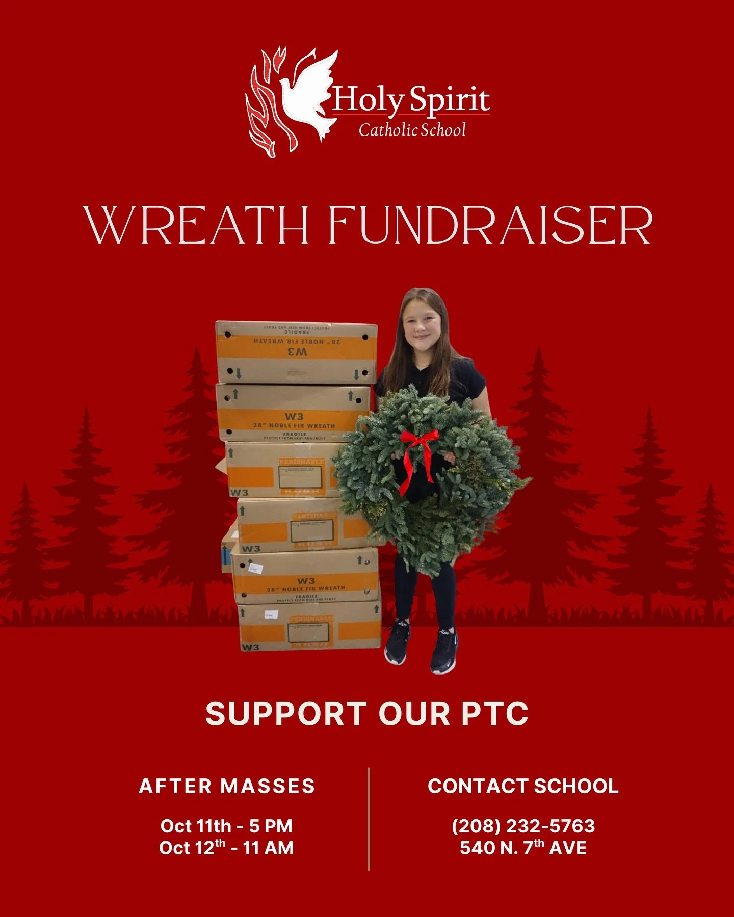 Our annual Wreath Fundraiser is here! 🌲😀

Every purchase helps our PTC bring exciting events and activities for our school community all year long! 

These farm fresh wreaths make the perfect holiday gift or a festive way to welcome the season at h