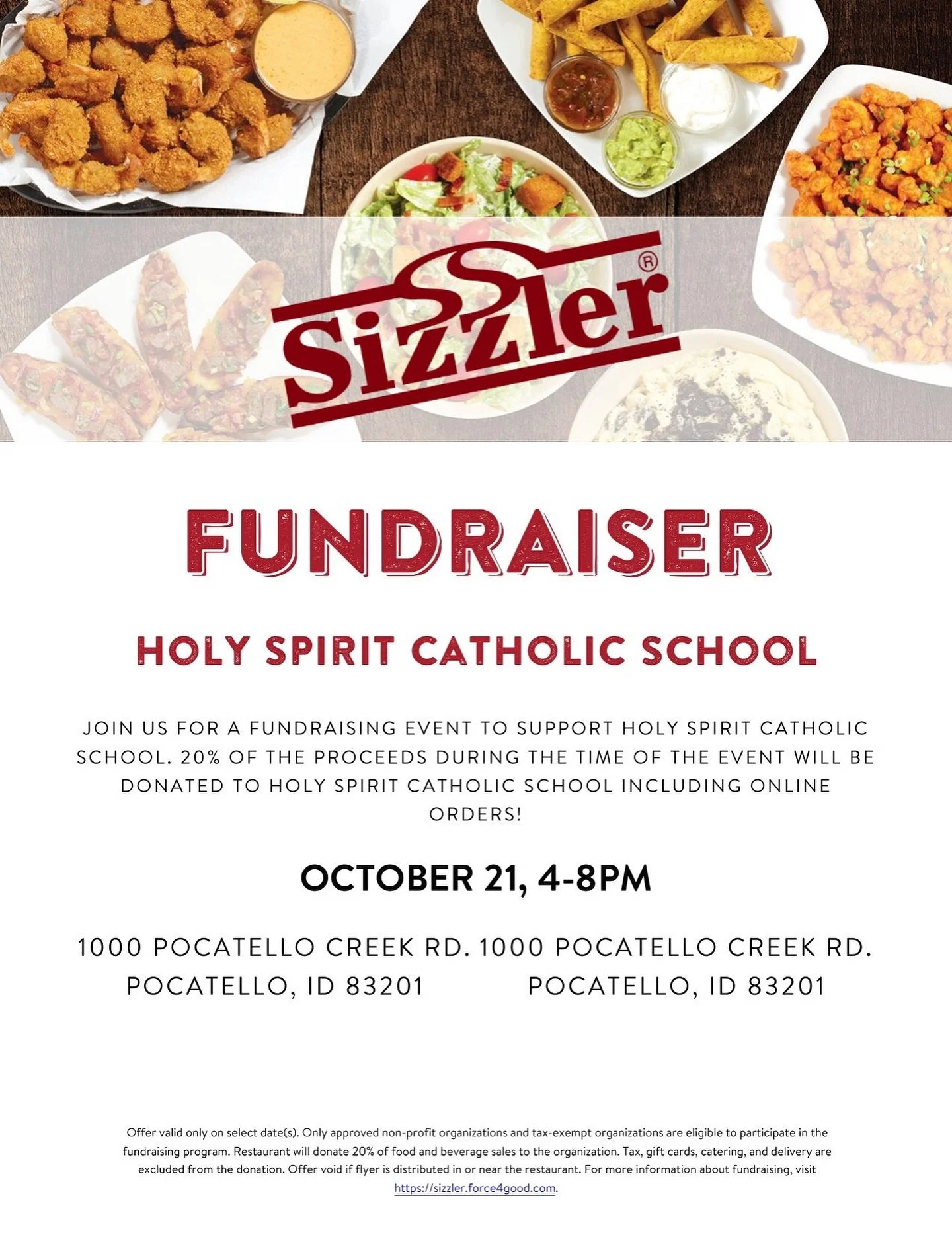 Dine to Donate at Sizzler and Support HSCS! 🕊️❤️

&bull; Tuesday Oct 21st &bull;

Enjoy dining in or order online from 4-8 PM, mention Holy Spirit Catholic School, and 20% of your total is donated to our amazing PTC!

This fundraiser helps make FAIT