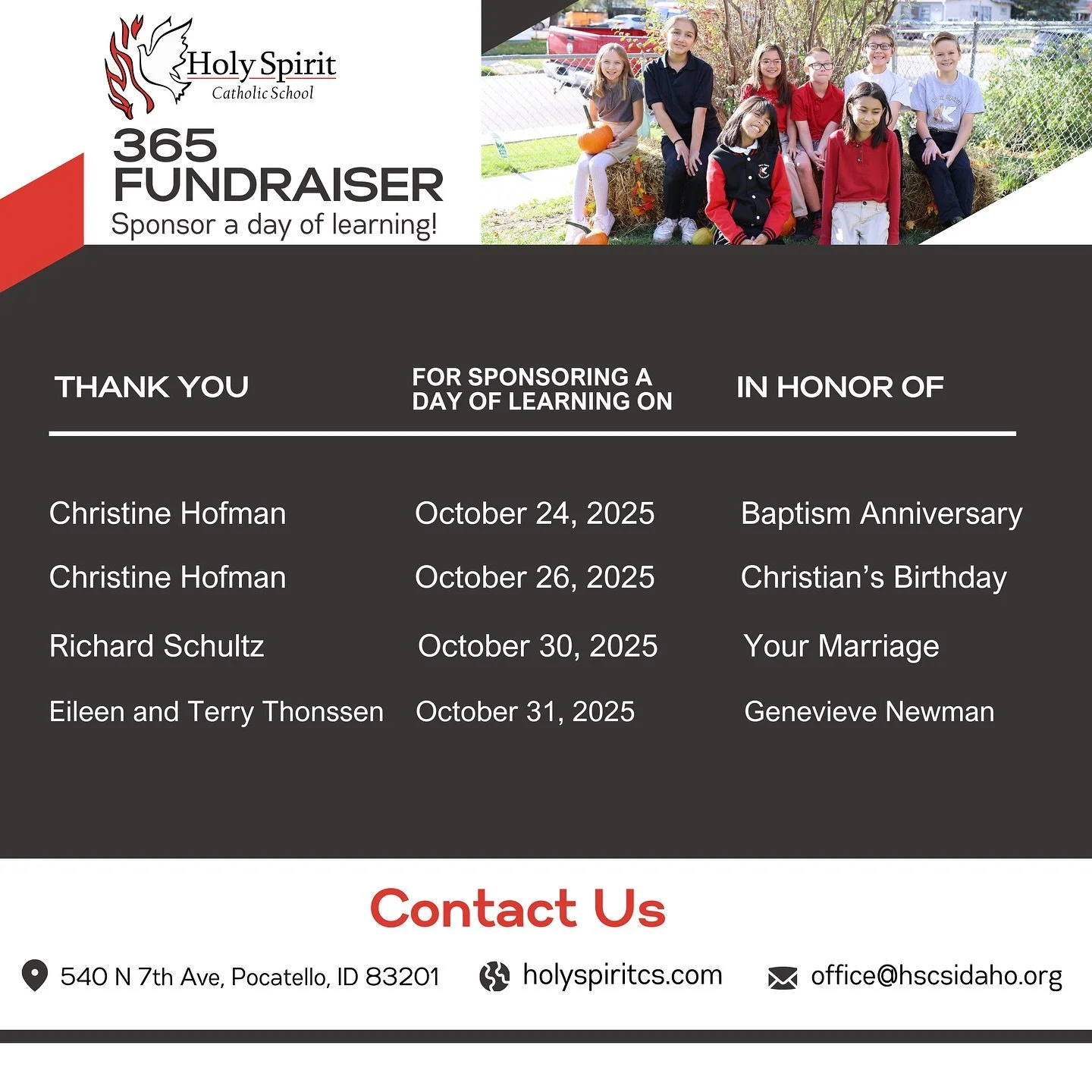 THANK YOU to our 365 donors for sponsoring a day of learning at Holy Spirit Catholic School!

We are praying for you and your intentions 🙏🏻

&hellip;

Please join us in sponsoring 365 DAYS OF LEARNING in 2026! 📚❤️ 
Your generous donation supports 
