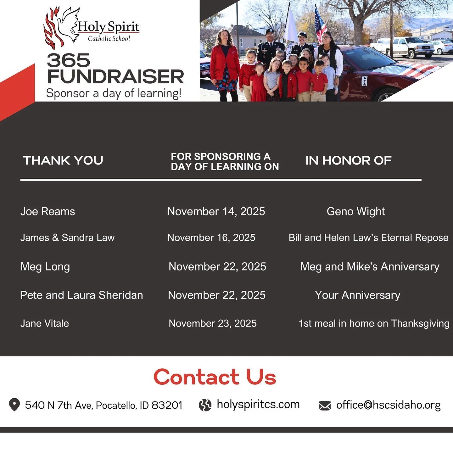 We are deeply grateful for each and everyone of our 365 Fundraiser donors ❤️🕊️

THANK YOU for sponsoring a day of learning at Holy Spirit Catholic School! We are praying for you and your intentions 🙏🏻

&hellip;

We are just 13 days away from our 1