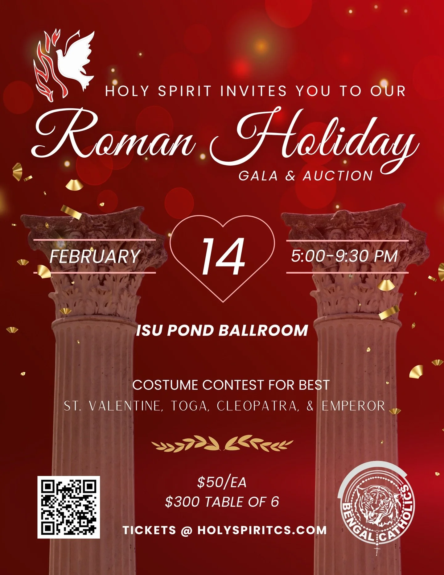 We&rsquo;re thrilled to announce our Roman Holiday Gala &amp; Auction on Feb 14th, 2026! ✨🕊️

Join us for an evening of fellowship and FUNdraising to support Holy Spirit Catholic School!

NEW this year:  seating will be assigned on a first come firs