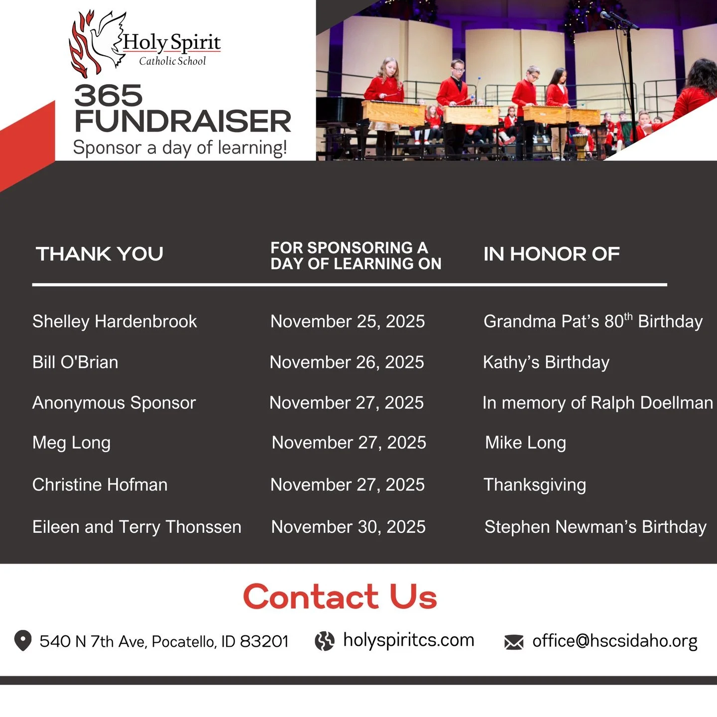 A huge thank you to our incredible 365 Fundraiser donors! ❤️🕊️

We're overjoyed to have achieved our first tier goal of 125 sponsored days! 🥳✨ The school came together for a Turkey Trot Game Day and popcorn to celebrate!

We are deeply grateful for