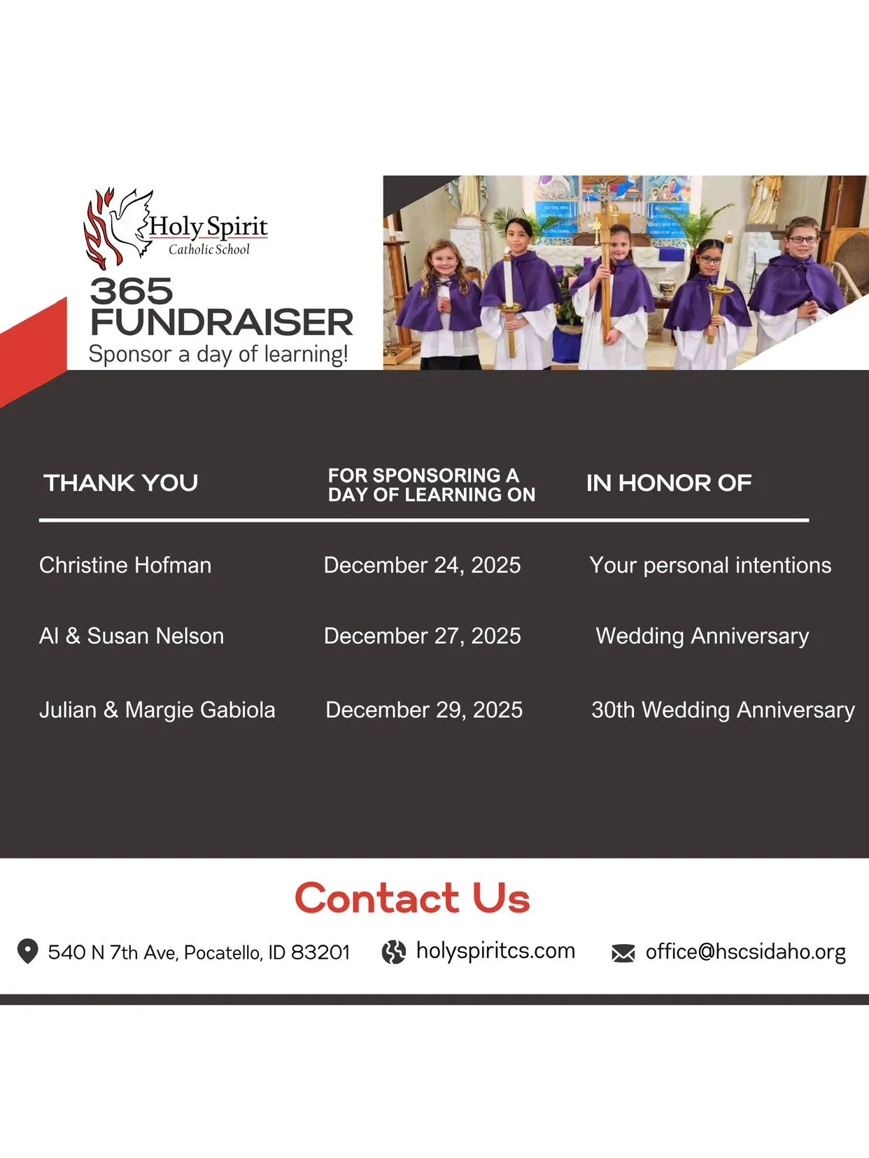 We would like to thank our HSCS 365 donors for sponsoring a day of learning at Holy Spirit Catholic School ❤️🕊️

THANK YOU for supporting our school and for helping us inspire academic excellence, foster creativity and ignite hearts with love for Go