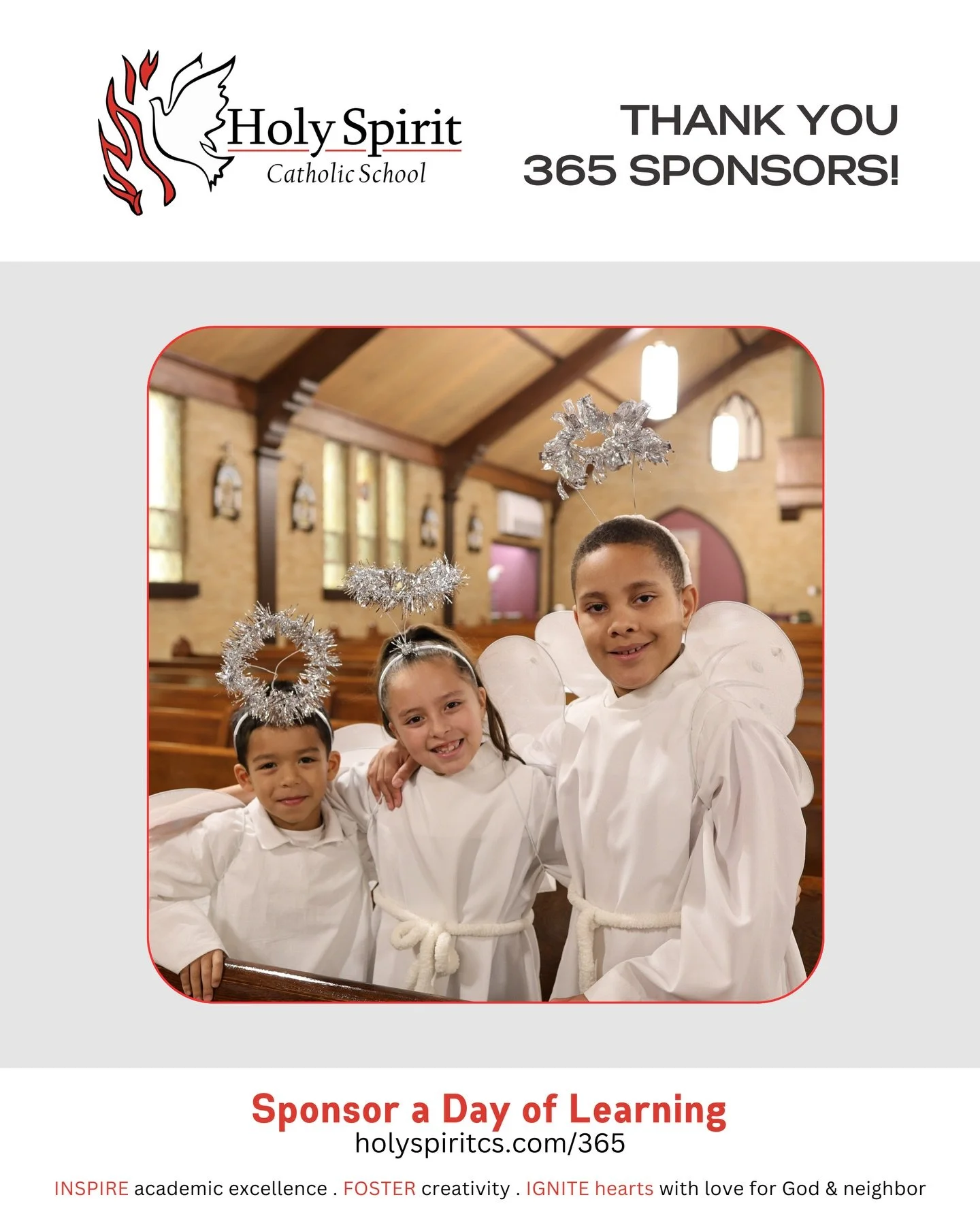 Special thanks to our weekly 365 Sponsors who help make a day of learning possible at Holy Spirit Catholic School!

Please join us in praying for them and their intentions&nbsp;❤️

🕊️&nbsp;January 1 - Frankie Alvarez for Ricky Alvarez
🕊️ January 1 