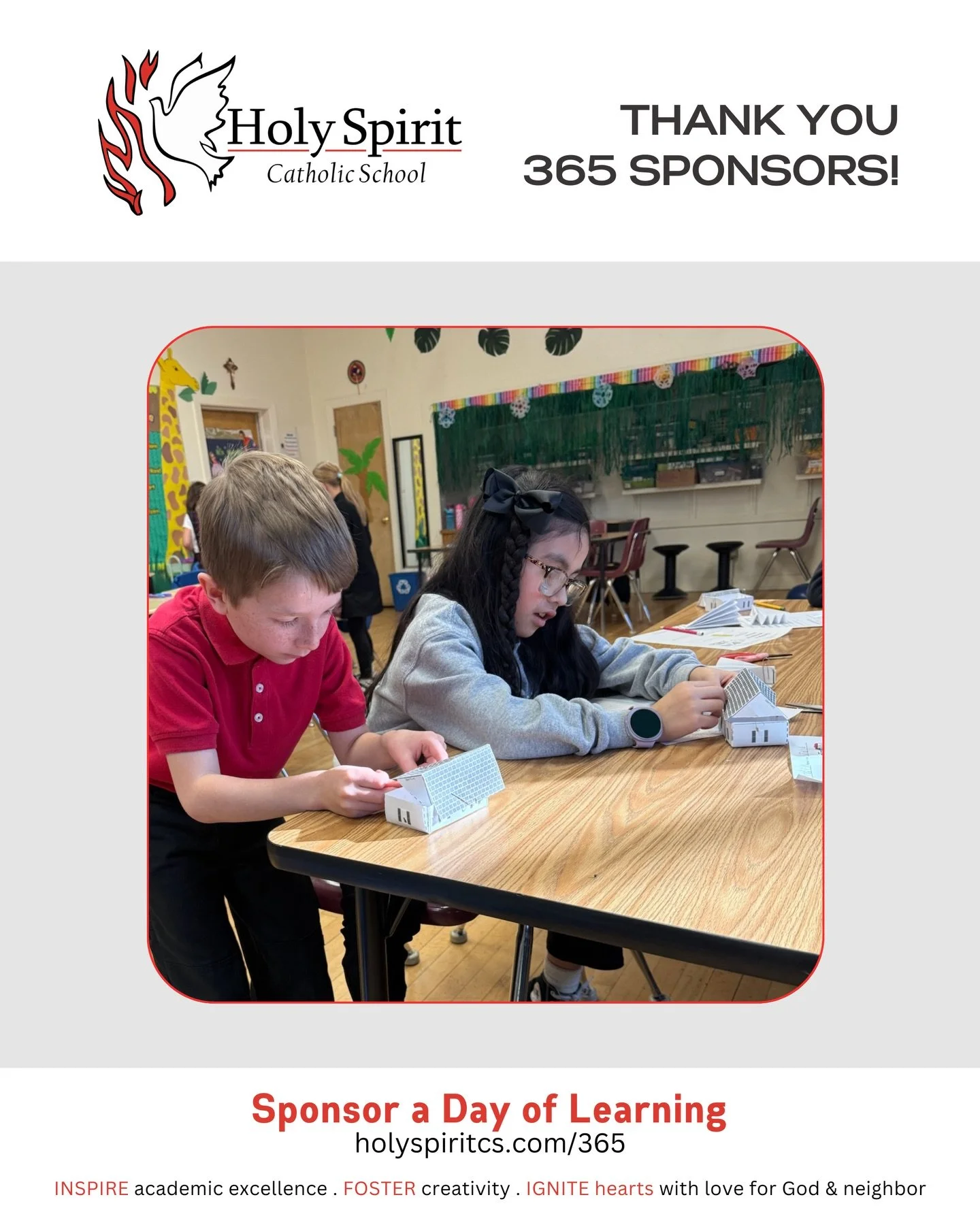 Special thanks to our weekly 365 Sponsors who help make a day of learning possible at Holy Spirit Catholic School!

Please join us in praying for them and their intentions&nbsp;❤️

🕊️&nbsp;January 12 - Margaret Prince for Stephanie Lordes Prince-Mor