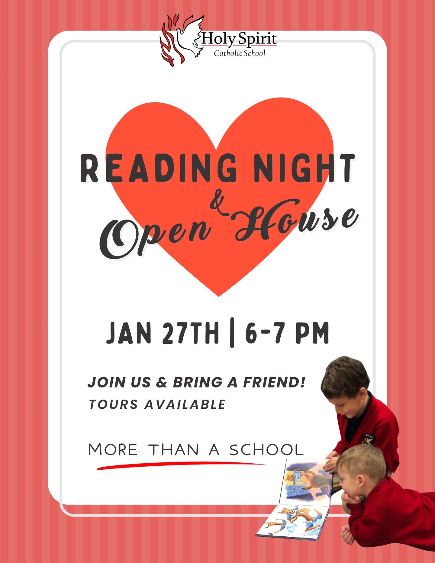 📚✨ Celebrate Catholic Schools Week with us! 

Join our Reading Night &amp; Open House on January 27th from 6&ndash;7 PM. 

Explore our classrooms, enjoy fun reading activities and free books, and see what makes Holy Spirit MORE THAN A SCHOOL ❤️🕊️

