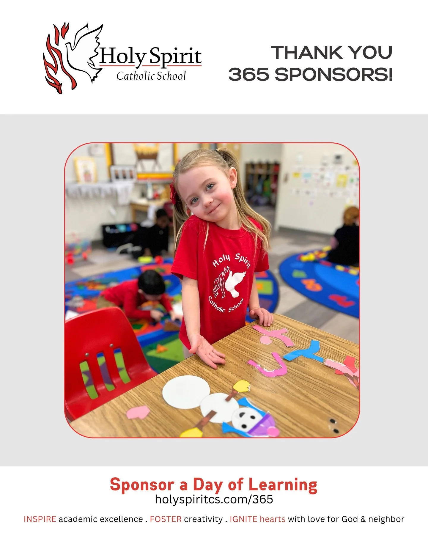 Special thanks to our weekly 365 Sponsors who help make a day of learning possible at Holy Spirit Catholic School!

Please join us in praying for them and their intentions&nbsp;❤️

🕊️&nbsp;January 26 - Isabelle Wilhelmi 

🕊️ January 27 - Anonymous 