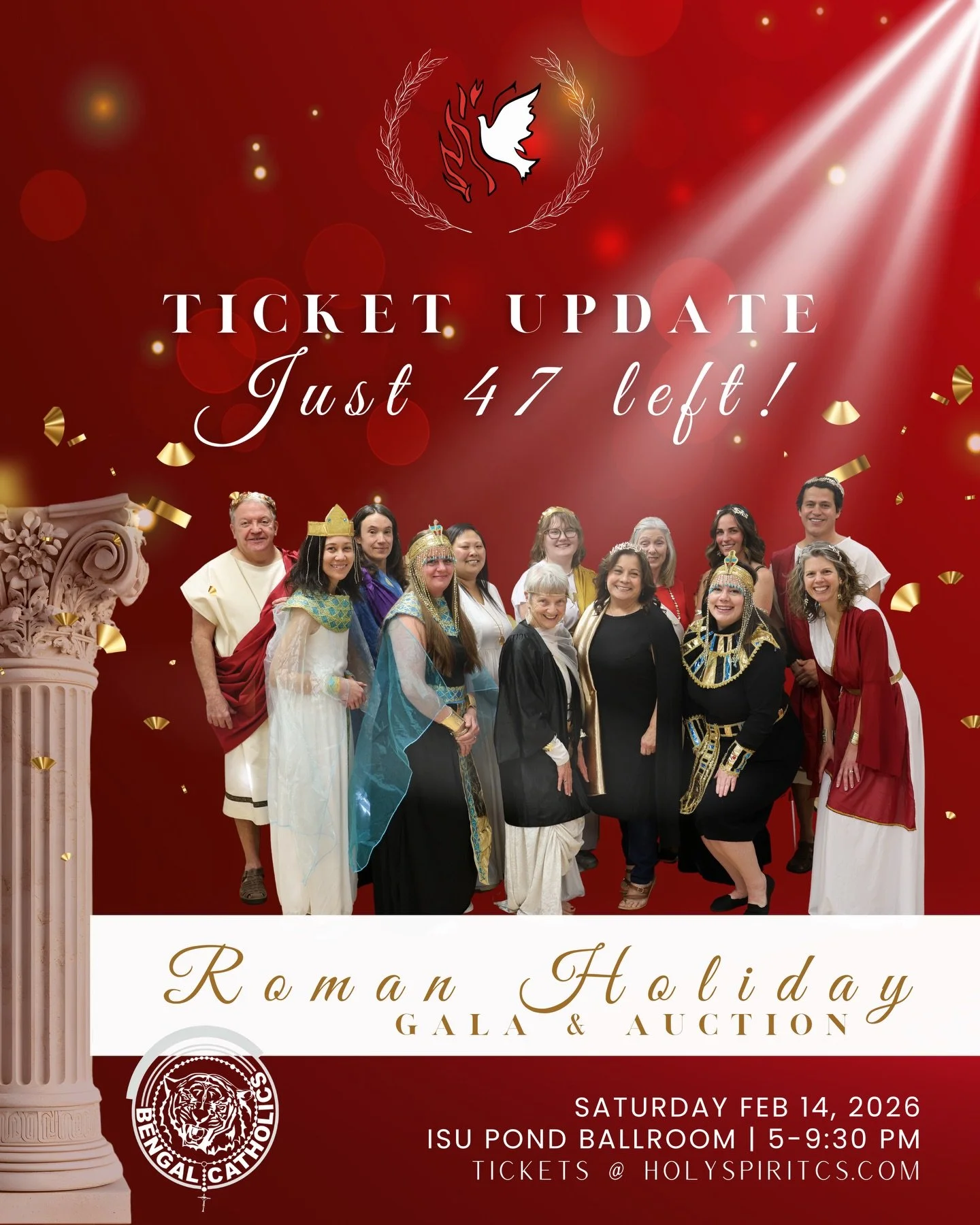 Please join us on Feb 14th for our Roman Holiday Gala &amp; Auction! 😀✨

Not sure what to where? Come in Roman attire or dressed for Valentines Day ❤️ Come to have fun and support Holy Spirit Catholic School!

Tickets are almost SOLD OUT 🎟️ Get you