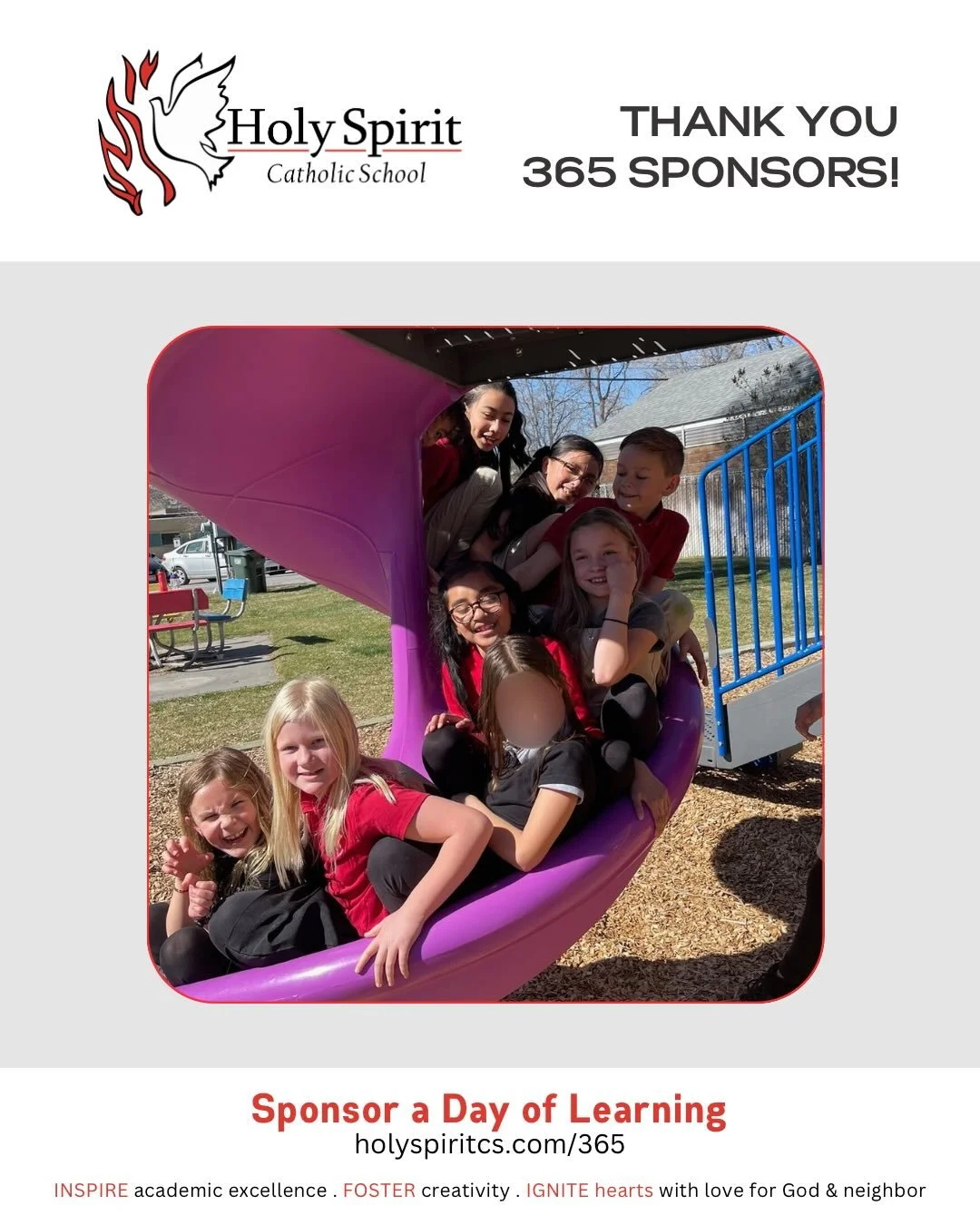 Special thanks to our weekly 365 Sponsors who help make a day of learning possible at Holy Spirit Catholic School!

Please join us in praying for them and their intentions&nbsp;❤️

🕊️&nbsp;March 23 - Steve Knudson 

🕊️ March 24 - Jim &amp; Judy Lid