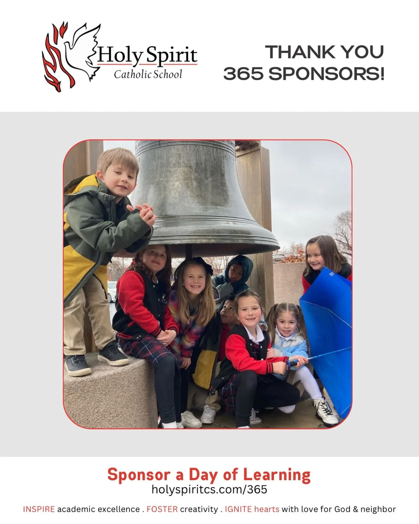 Special thanks to our weekly 365 Sponsors who help make a day of learning possible at Holy Spirit Catholic School!

Please join us in praying for them and their intentions&nbsp;❤️

🕊️&nbsp;March 30 - James Spliedt For his sister Carol Spliedt

🕊️ M
