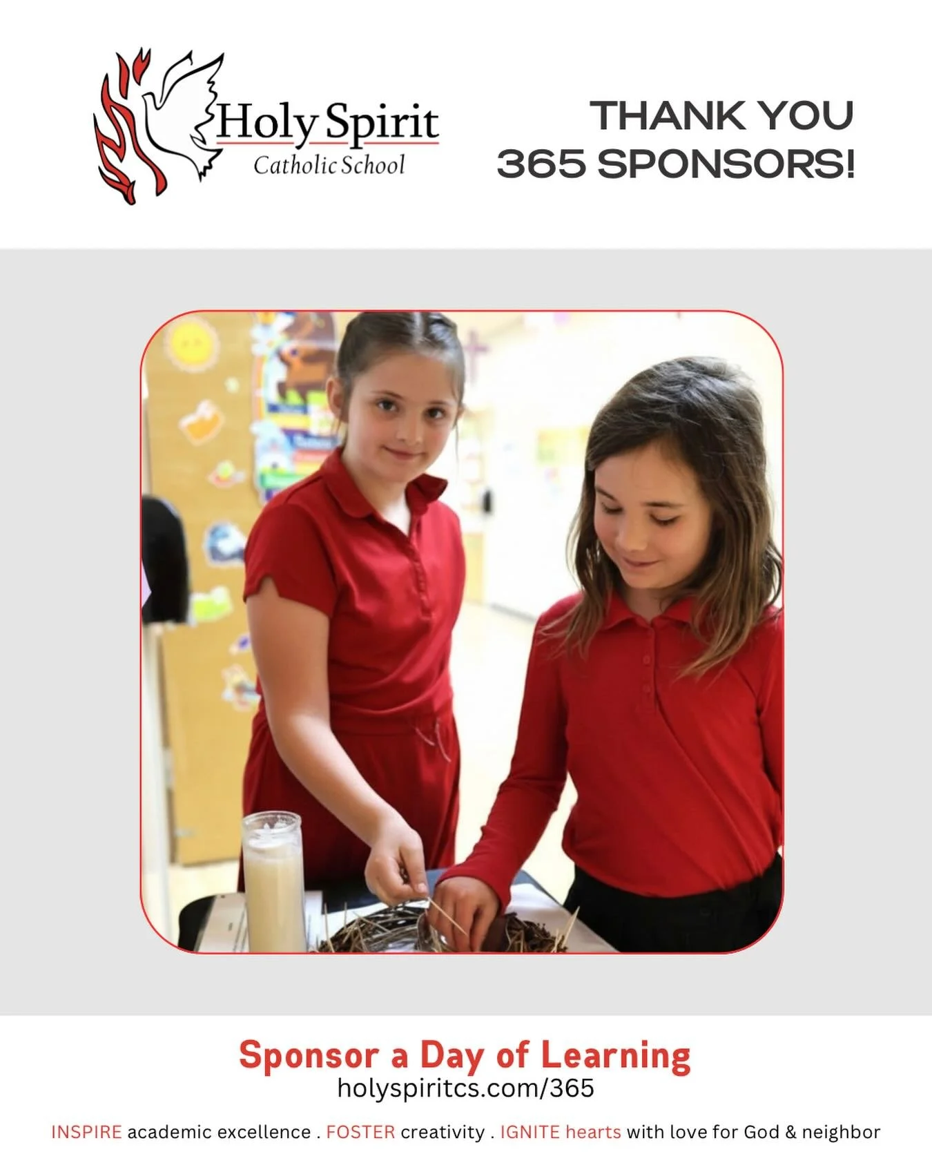Special thanks to our weekly 365 Sponsors who help make a day of learning possible at Holy Spirit Catholic School!

Please join us in praying for them and their intentions&nbsp;❤️

🕊️&nbsp;April 7 - Daniel Anthony for Dan&rsquo;s Birthday

🕊️ April