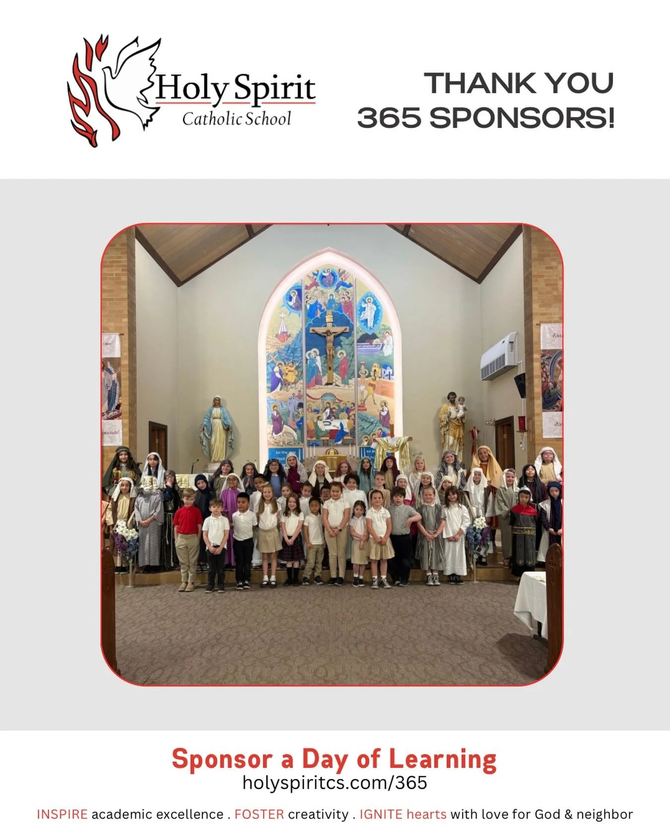 Special thanks to our weekly 365 Sponsors who help make a day of learning possible at Holy Spirit Catholic School!

Please join us in praying for them and their intentions&nbsp;❤️

🕊️ April 13 - Clay Chilton In memory of Steven Magagna

🕊️ April 14