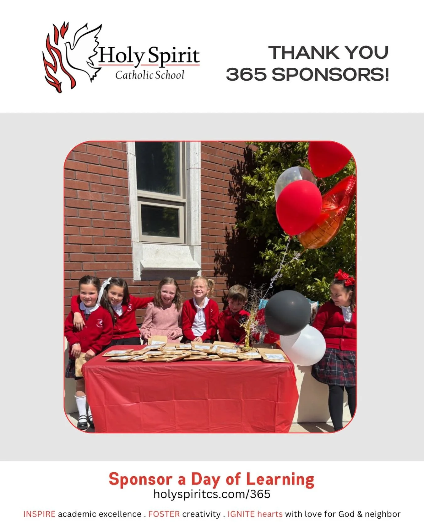 Special thanks to our weekly 365 Sponsors who help make a day of learning possible at Holy Spirit Catholic School!

Please join us in praying for them and their intentions&nbsp;❤️

🕊️ April 20 - Joe Reams for Caroline 

🕊️ April 21 - Darlene Alvare