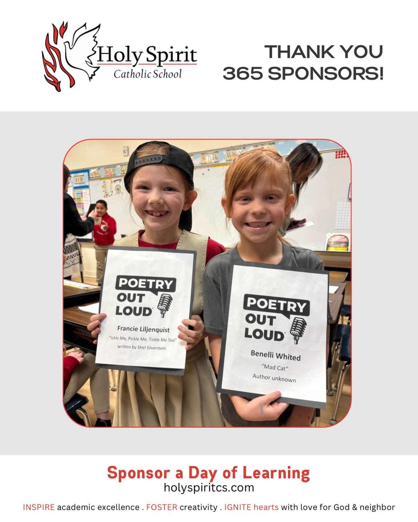 Special thanks to our weekly 365 Sponsors who help make a day of learning possible at Holy Spirit Catholic School!

Please join us in praying for them and their intentions&nbsp;❤️

🕊️ April 27 - Jessica Roloff 

🕊️ April 28 - Cristina Serpa. Steve 