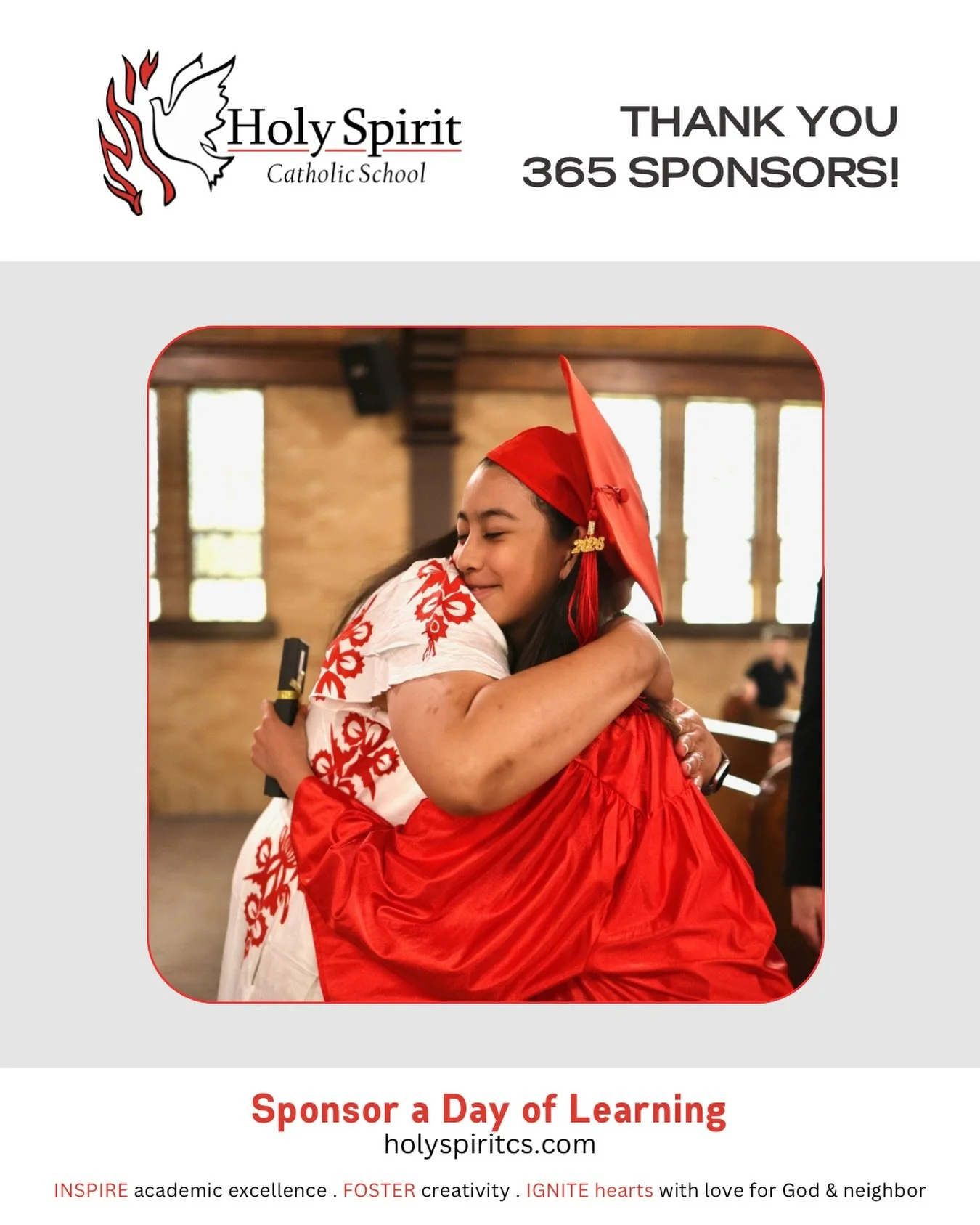 Special thanks to our weekly 365 Sponsors who help make a day of learning possible at Holy Spirit Catholic School!

Please join us in praying for them and their intentions&nbsp;❤️

🕊️ June 8 -  Meg Long in memory of Donna Akers. 

🕊️&nbsp;June 9 - 