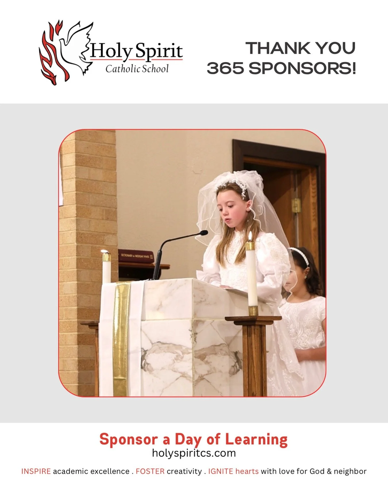 Special thanks to our weekly 365 Sponsors who help make a day of learning possible at Holy Spirit Catholic School!

Please join us in praying for them and their intentions&nbsp;❤️

🕊️ July 6 -  Catherine Gonsowski in memory of Leo Turnbeaugh. 
 
🕊️