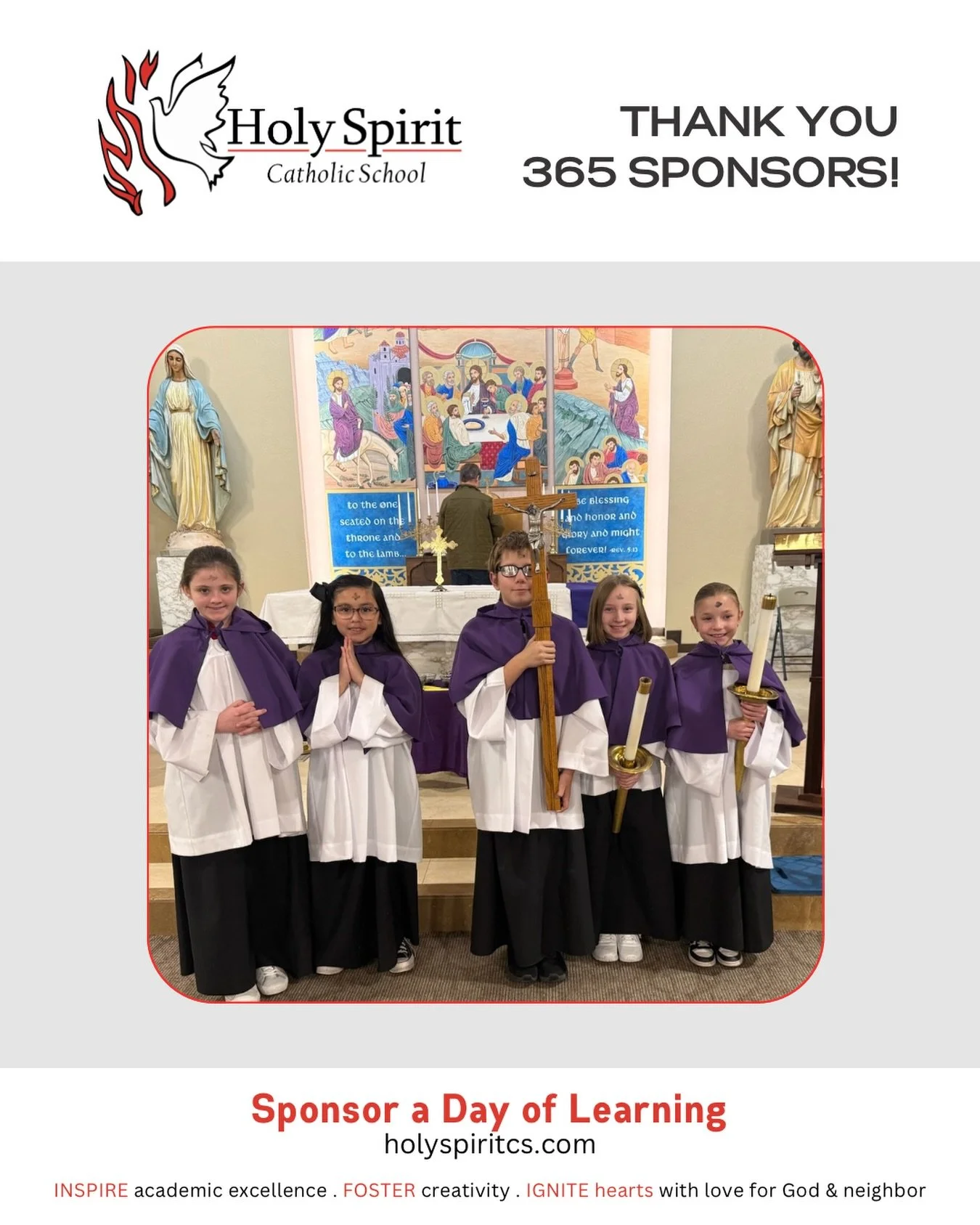 Special thanks to our weekly 365 Sponsors who help make a day of learning possible at Holy Spirit Catholic School!

Please join us in praying for them and their intentions&nbsp;❤️

🕊️ July 13 - Faith Wilhelmi In Celebration of the families, students