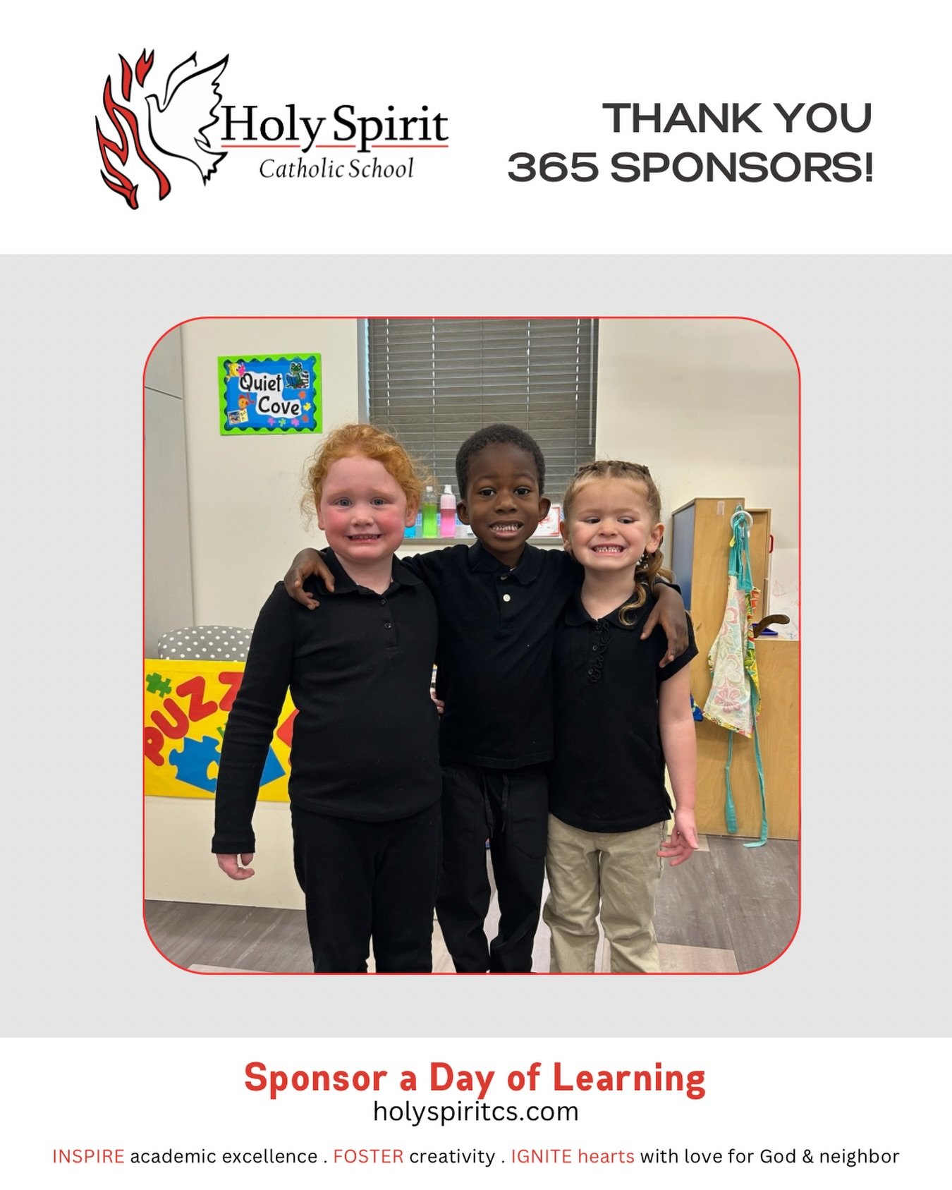 Special thanks to our weekly 365 Sponsors who help make a day of learning possible at Holy Spirit Catholic School!

Please join us in praying for them and their intentions&nbsp;❤️

🕊️ July 20 - Marlene Nickolson In memory of Leo Turnbeaugh. 
 
🕊️Ju