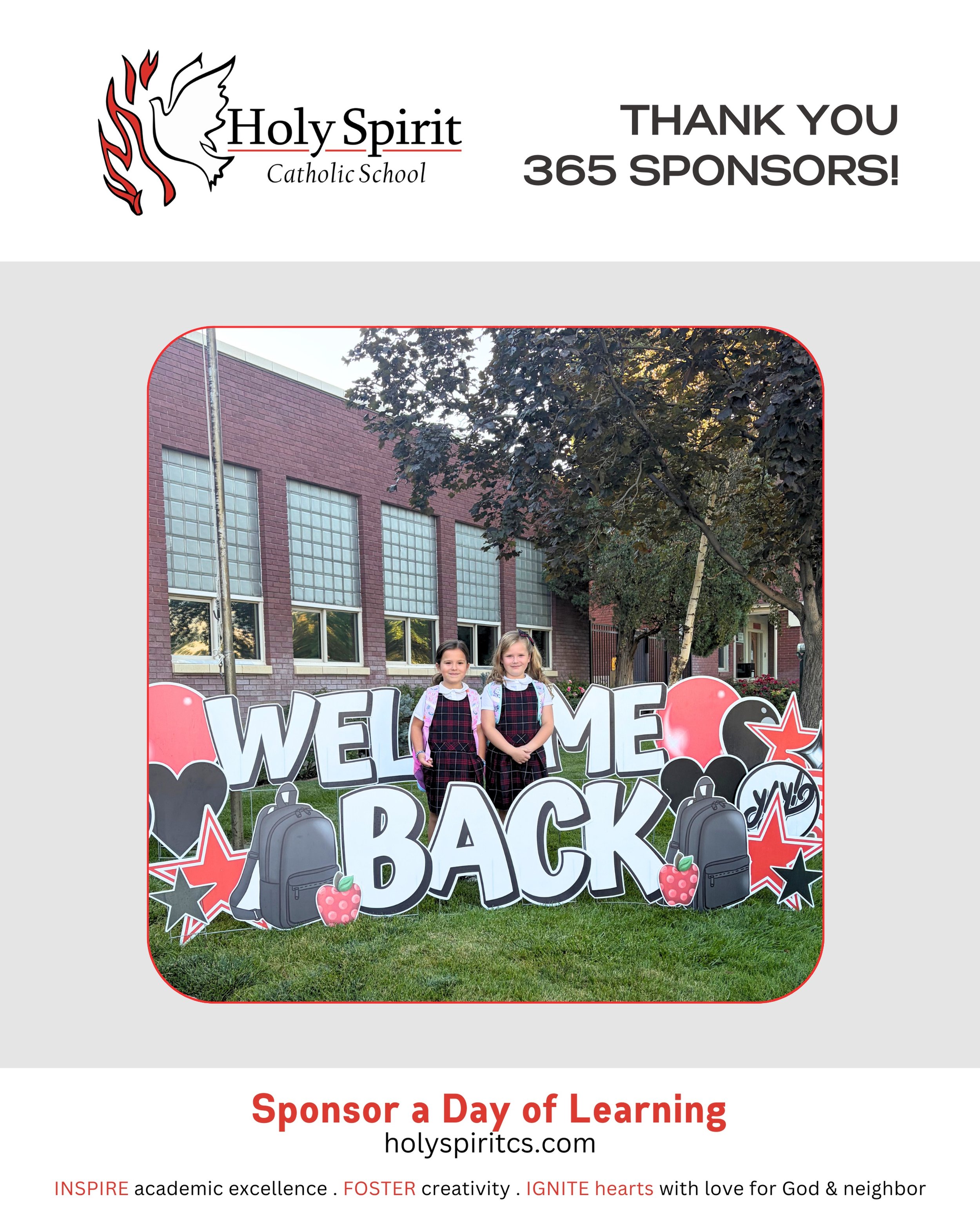 Special thanks to our weekly 365 Sponsors who help make a day of learning possible at Holy Spirit Catholic School!

Please join us in praying for them and their intentions&nbsp;❤️

🕊️&nbsp;August 19 - Joe Reams, &ldquo;Play Like A Champion&rdquo; in