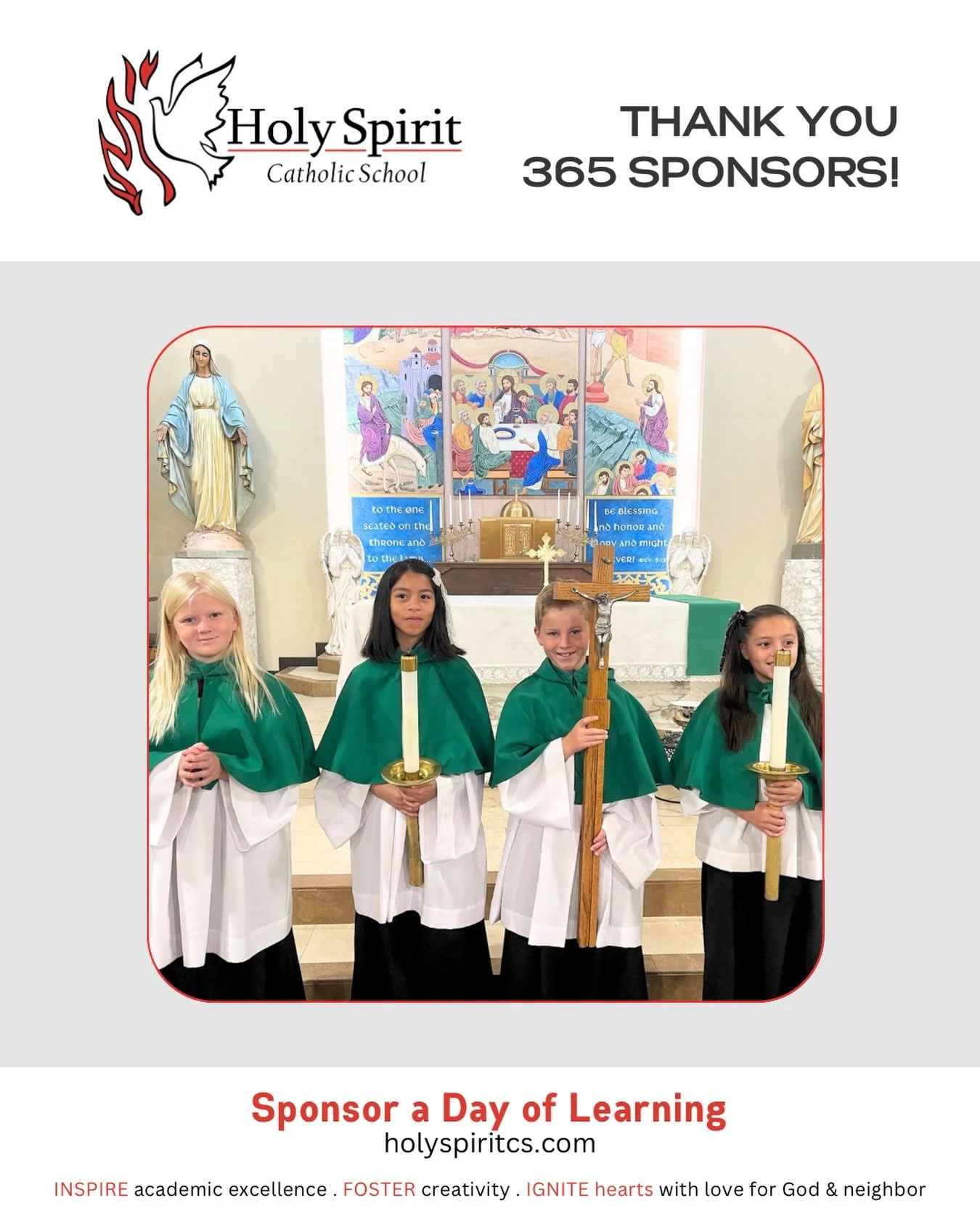 Special thanks to our weekly 365 Sponsors who help make a day of learning possible at Holy Spirit Catholic School!

Please join us in praying for them and their intentions&nbsp;❤️

🕊️ September 1 - Britney Cardenas wedding anniversary. 
 
🕊️ Septem