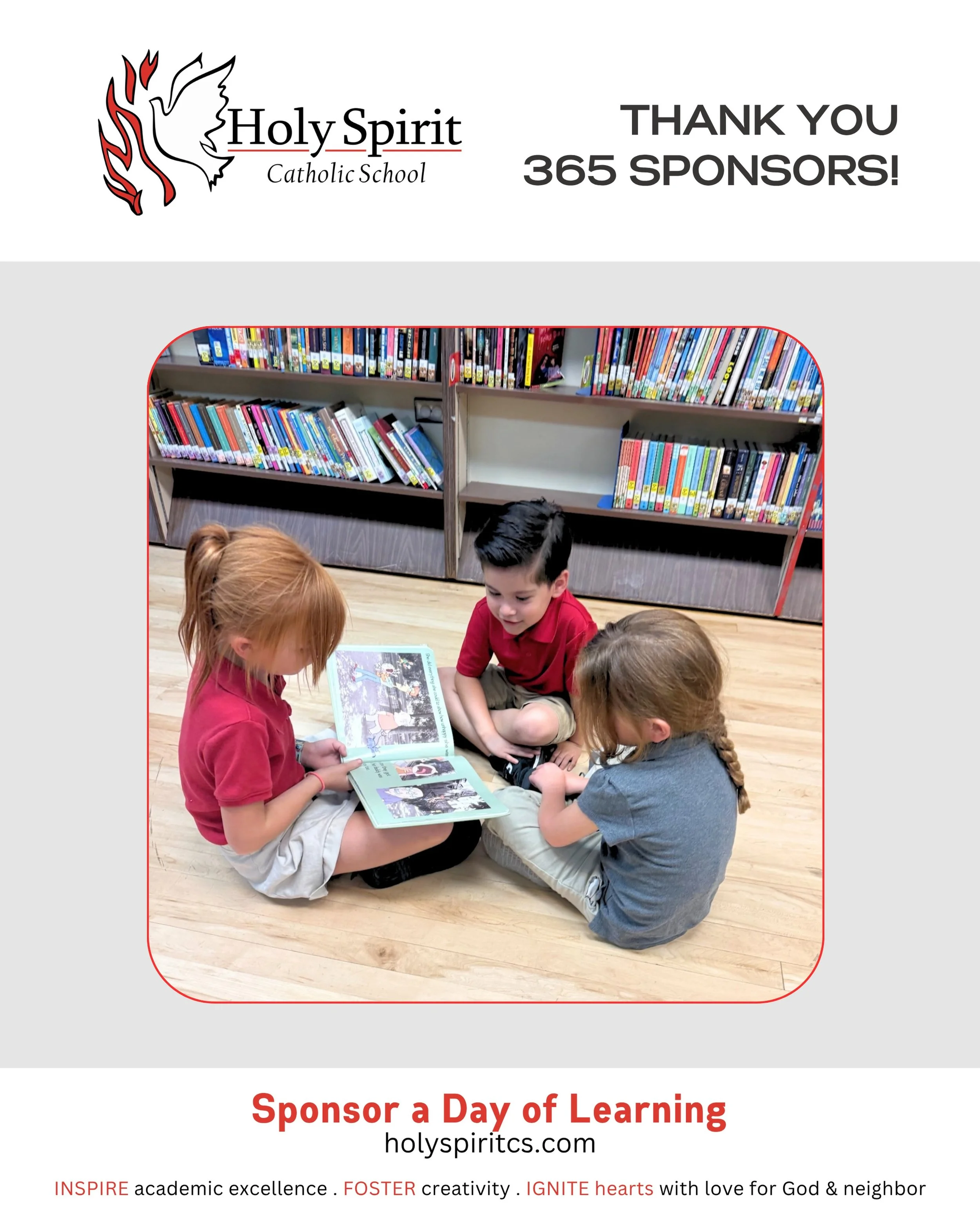 Special thanks to our weekly 365 Sponsors for helping make a day of learning possible at Holy Spirit Catholic School!

Please join us in praying for them and their intentions&nbsp;❤️

🕊️&nbsp;September 23 - Theresa Peake

🕊️ September 27 - Cyndi Ta