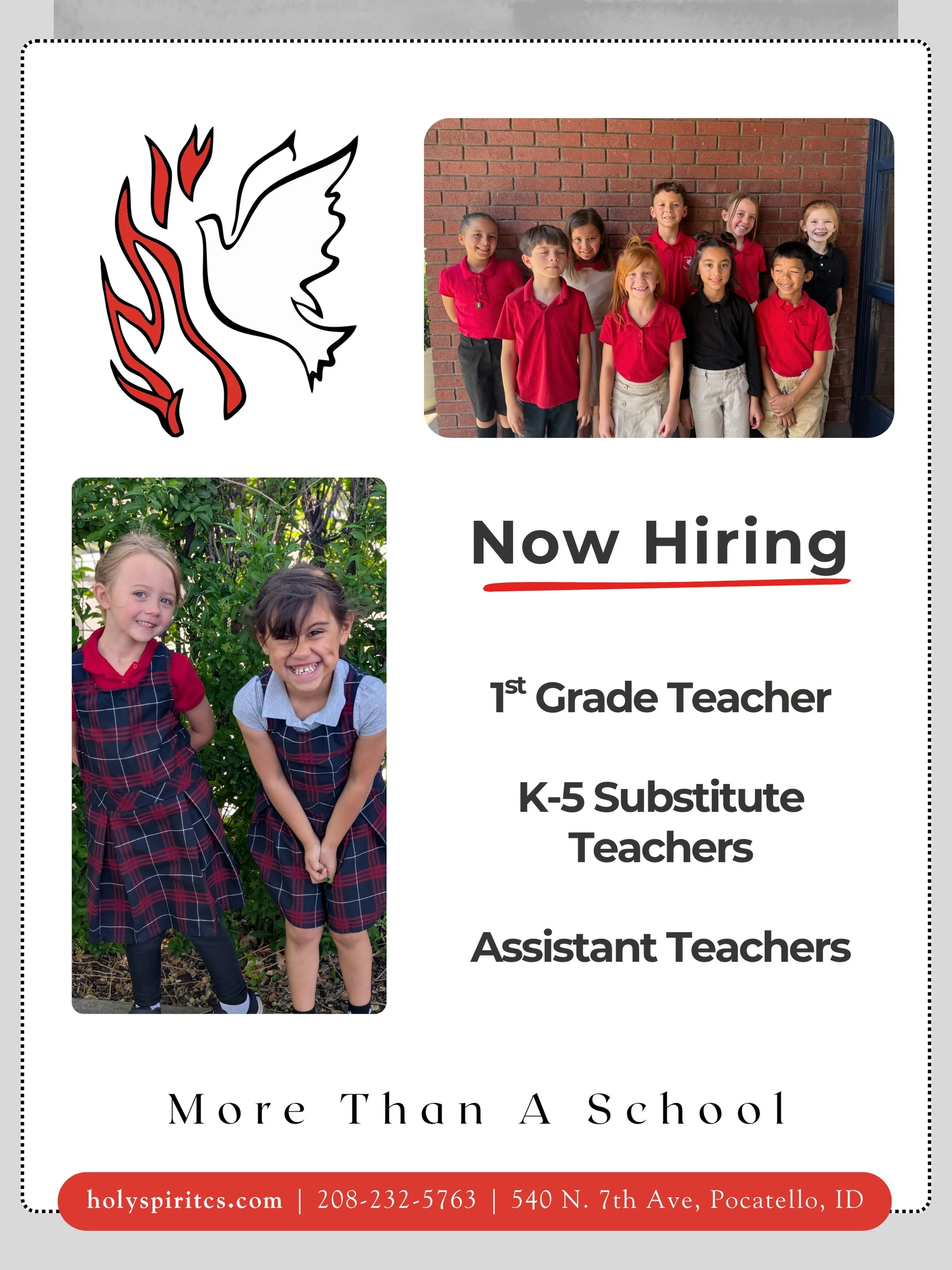 NOW HIRING! 🕊️✨

We&rsquo;re looking for dedicated, faith filled educators to join our amazing team at Holy Spirit Catholic School and help us inspire academic excellence, foster creativity, and ignite hearts with love for God and neighbor.

If you&