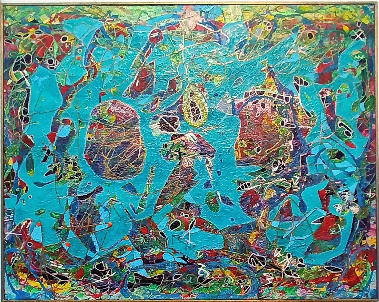 Abstract painting with vibrant colours, mainly blue, red, green, and yellow, featuring swirling patterns and shapes, some resembling underwater drifting organic forms.