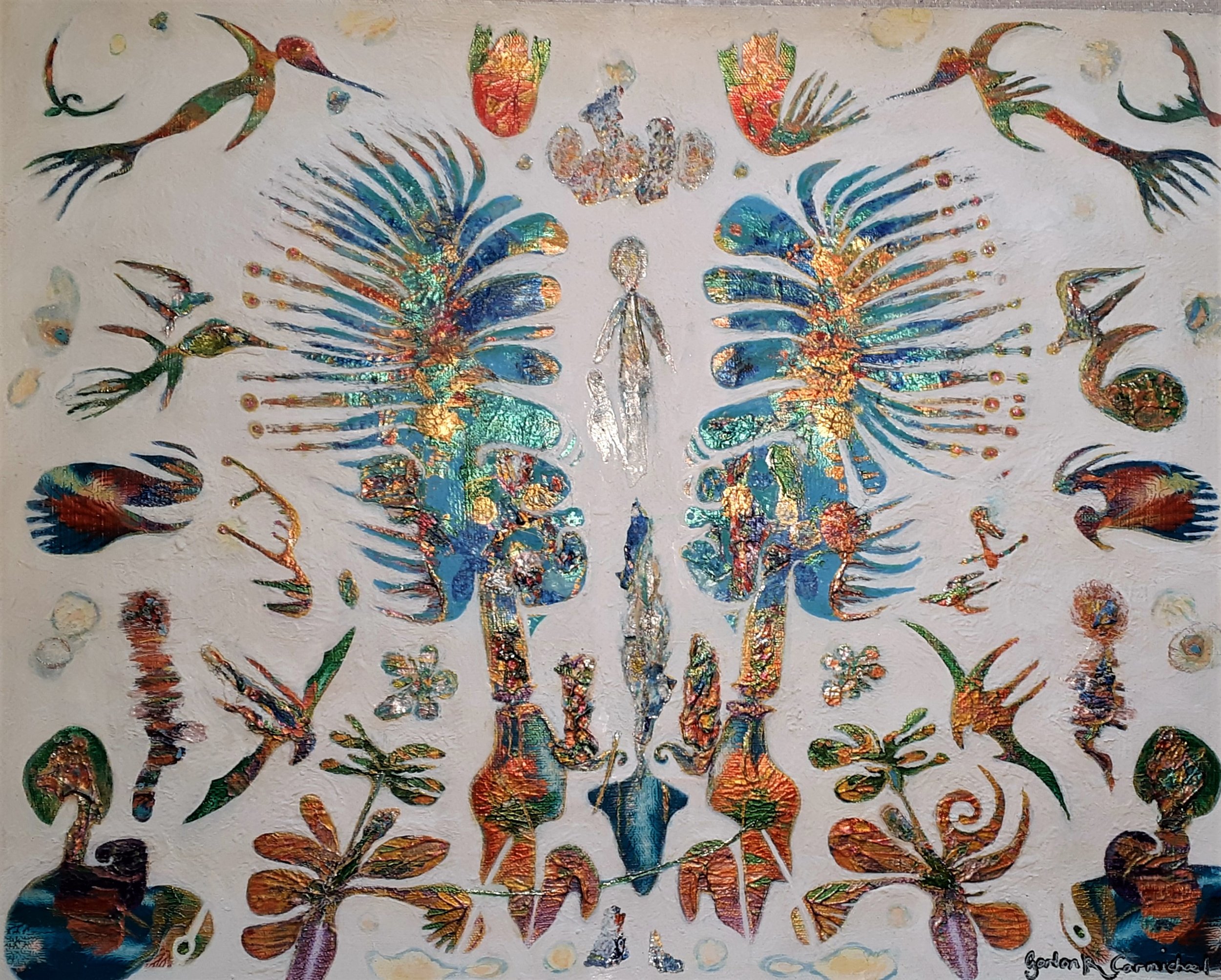 Colorful abstract artwork with hummingbirds, flowers, and intricate patterns in metallic and vibrant hues.