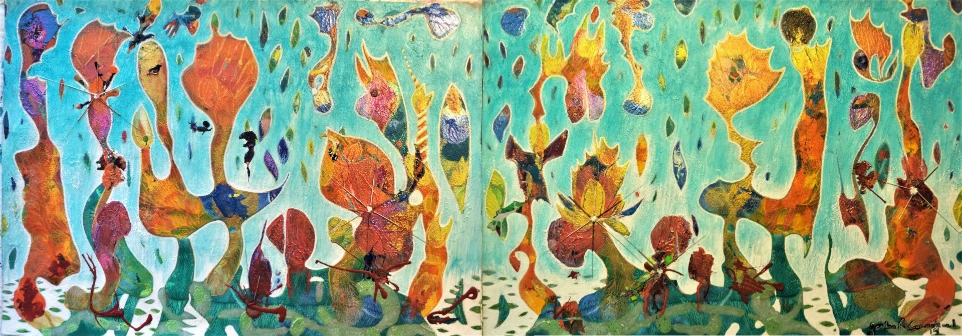 Hope Springs Eternal.
A colourful abstract painting with a turquoise background, featuring various leaf and insect shapes in bright colours like orange, pink, purple, and green.