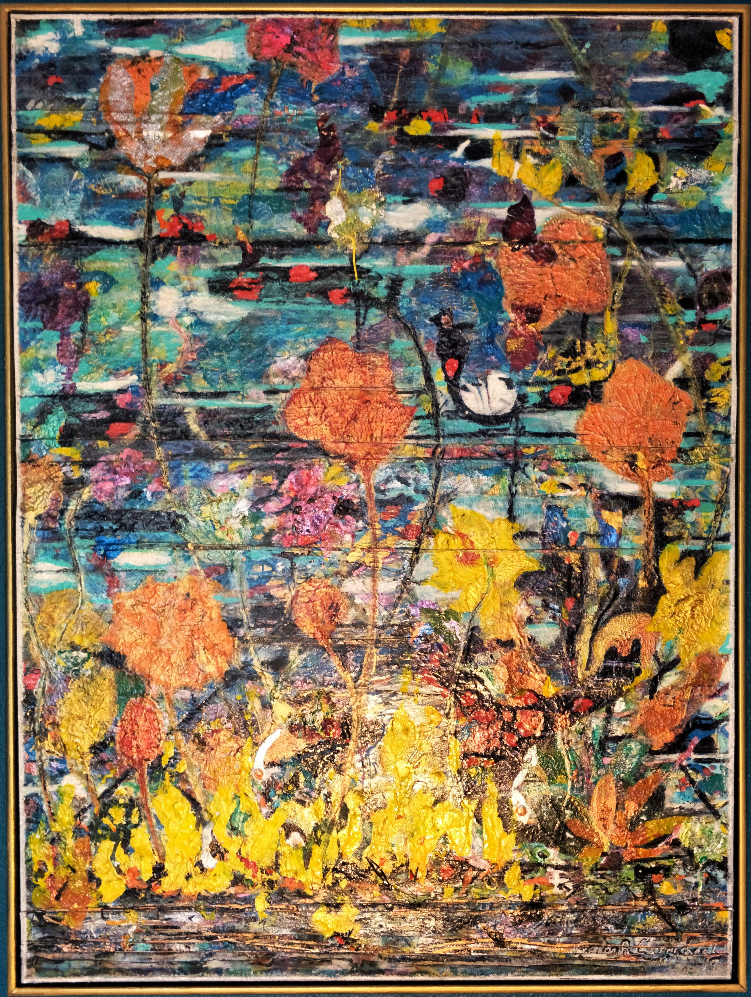 A colorful abstract painting of a garden with various flowers and leaves in shades of orange, yellow, pink, purple, green, and blue.