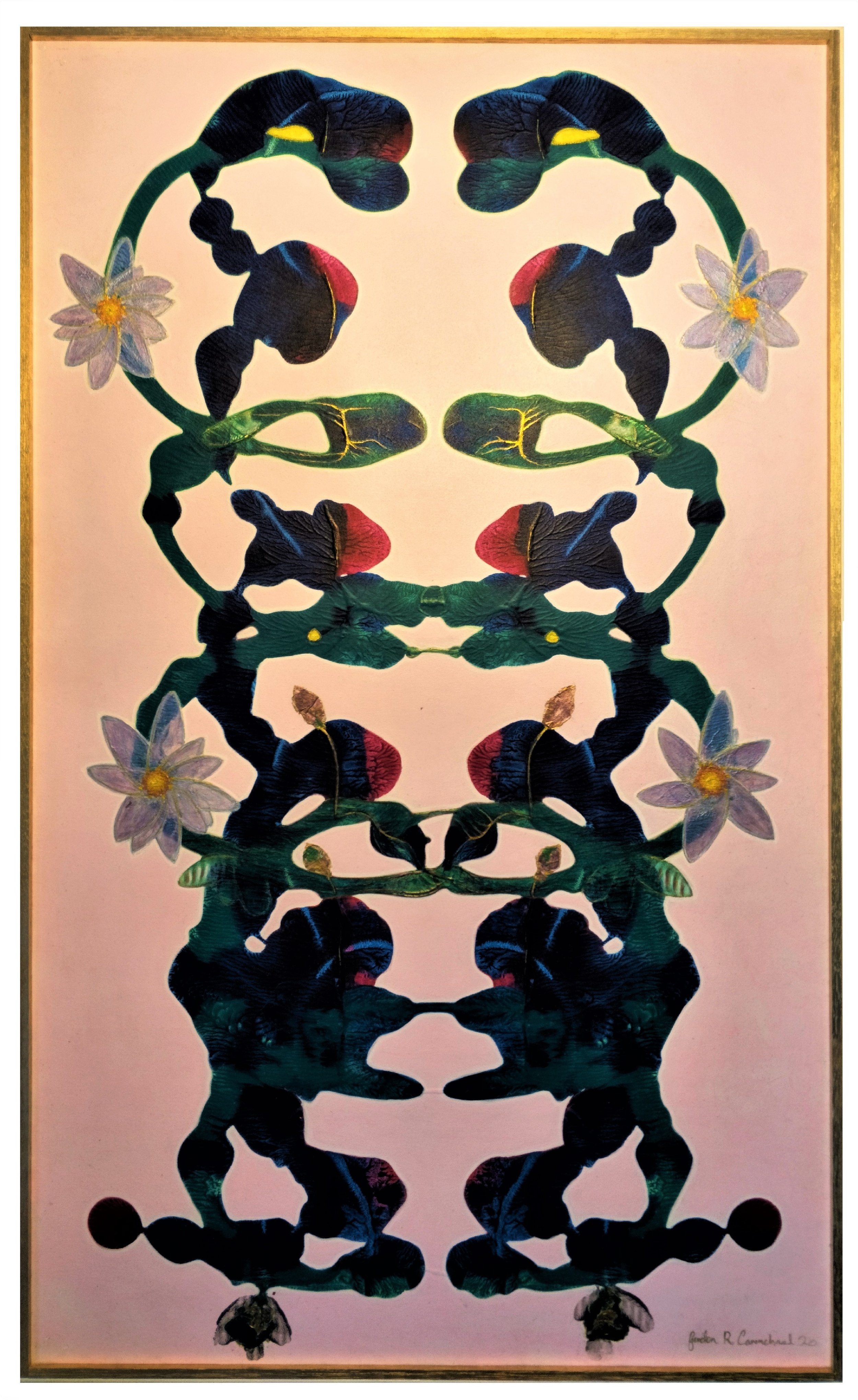 A symmetrical, abstract artwork featuring dark blue and red tulip-like flowers, green stems and leaves, and light purple flowers with yellow centers on a light pink background.