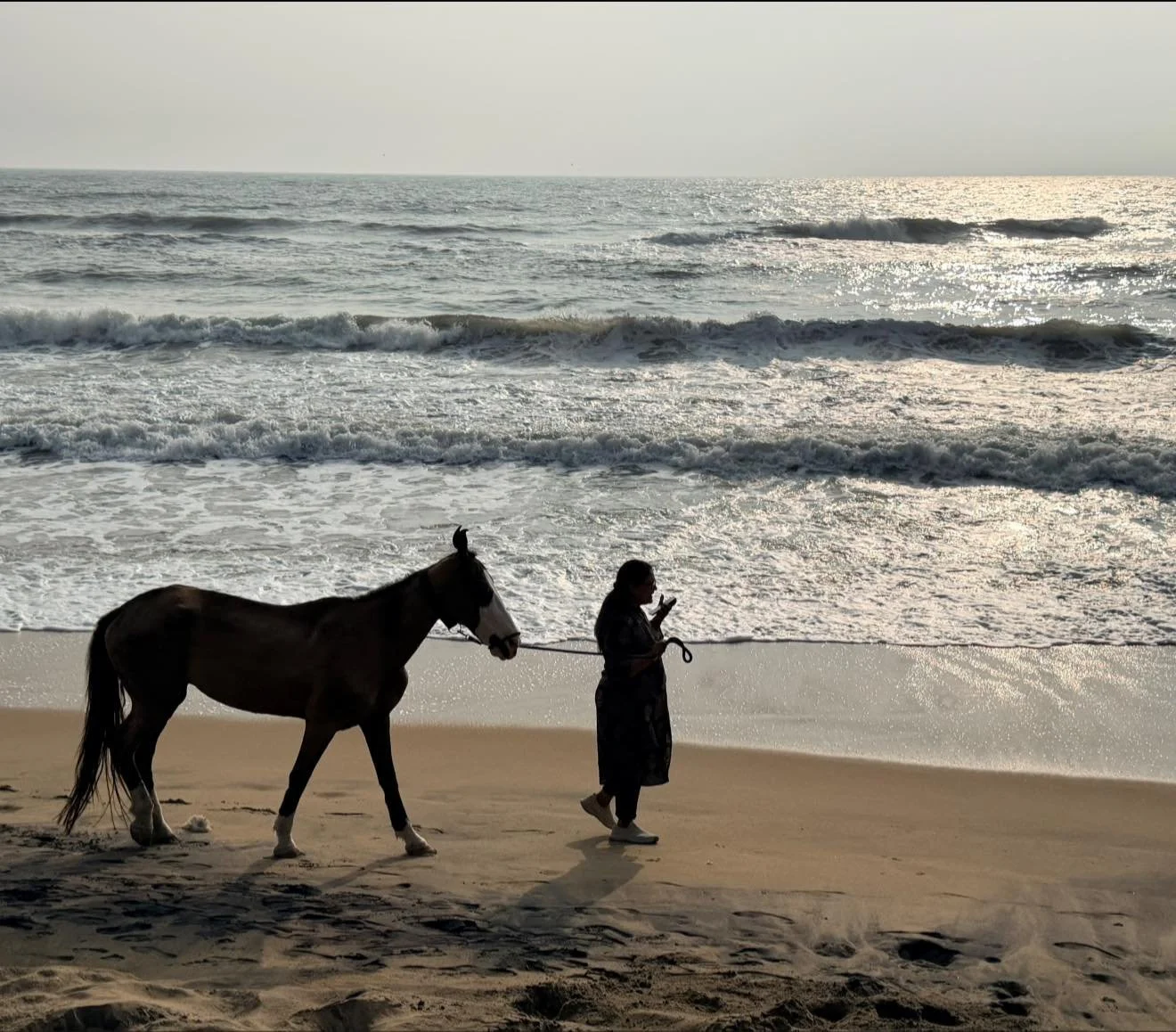 A person walking a horse along the beach at sunset, with waves and the ocean in the background.